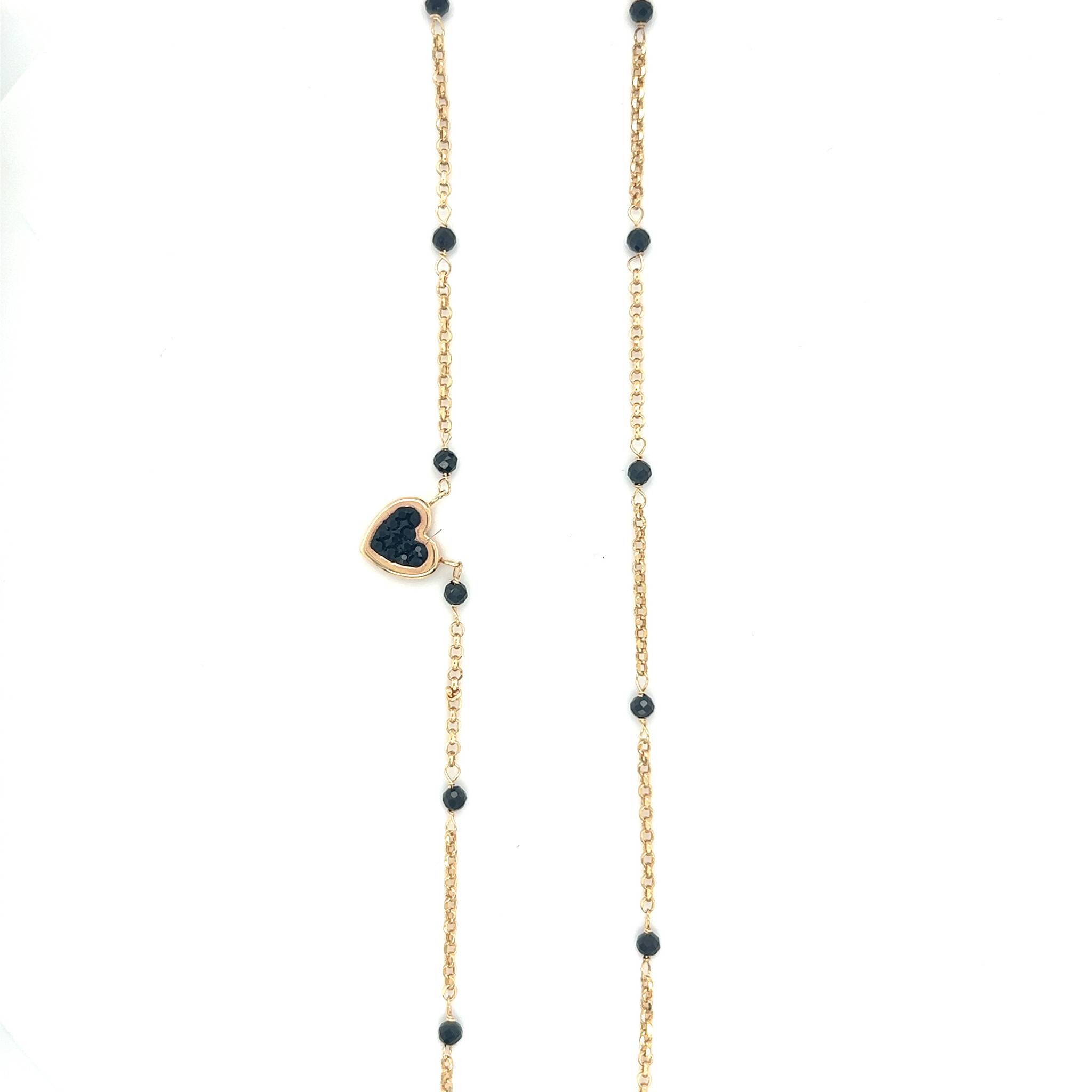 Ketting ankerschakel met vaste hanger hart bezet met zwarte zirkonia's en zwarte kraaltjes-1