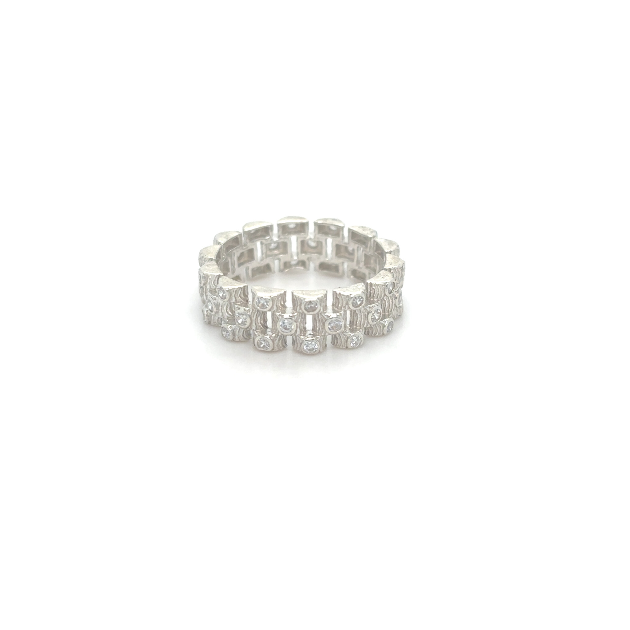 Ring zilver roleks schakel met bewerking en zirkonia's - De Goud Winkel Ring zilver roleks schakel met bewerking en zirkonia's - De Goud Winkel