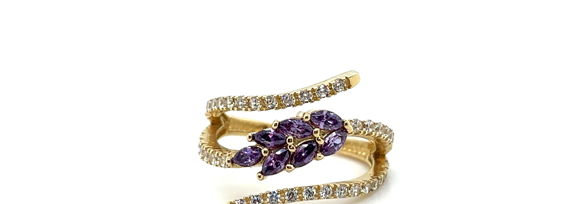 Ring open abstract met witte en paarse zirkonia's