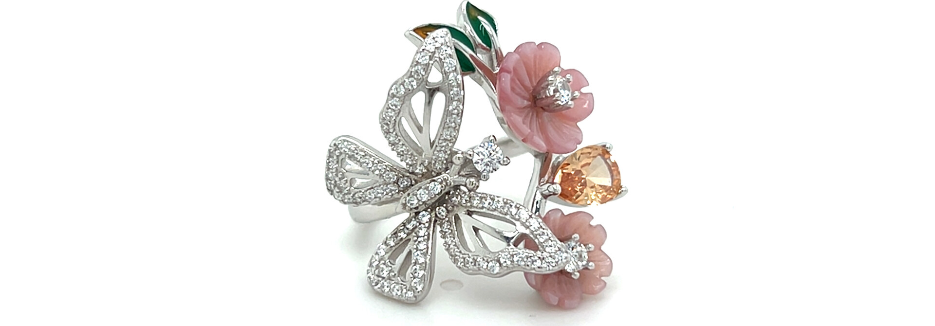 Ring bloemmotief met zirkonia stenen, oranje steen en roze onderdelen