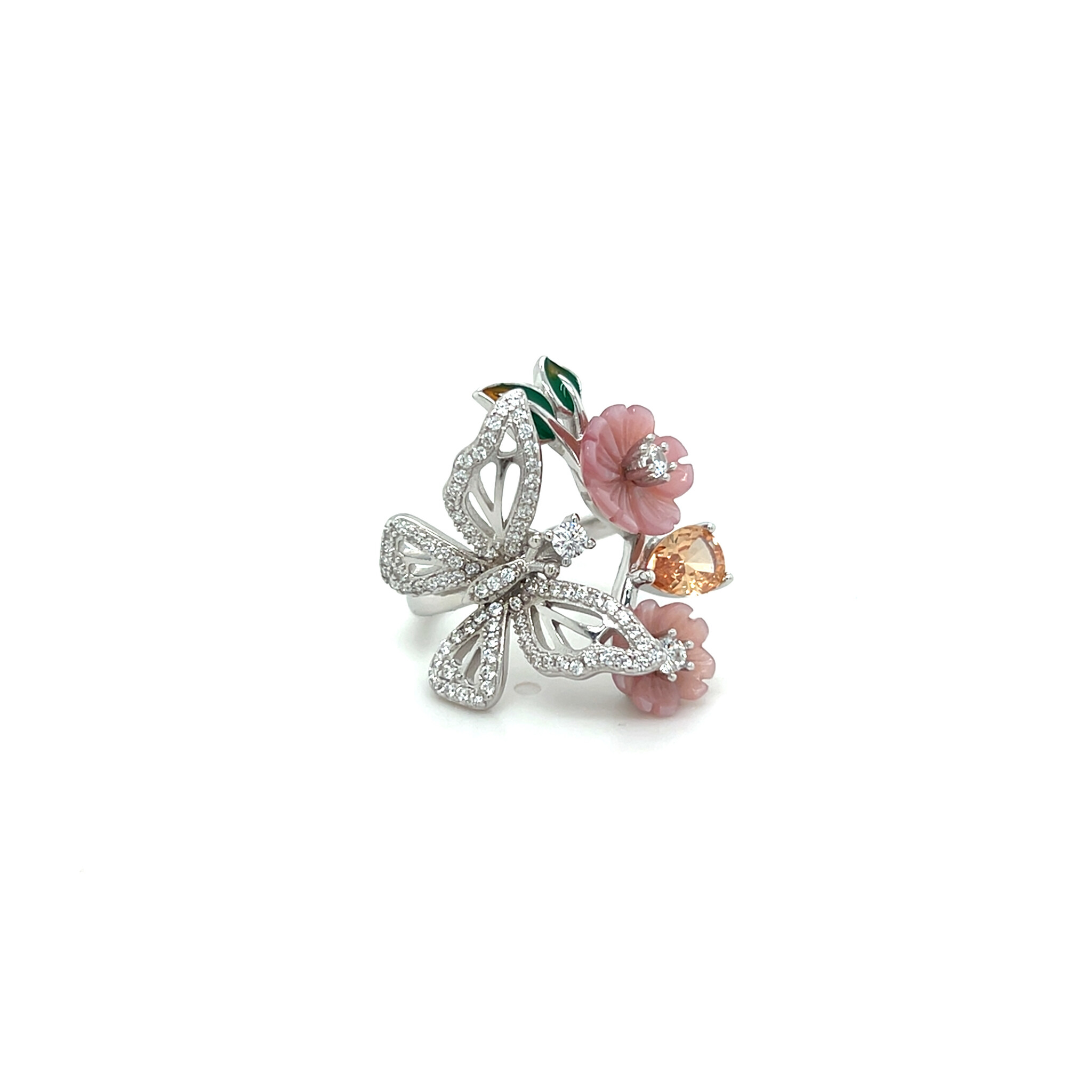 Ring bloemmotief met zirkonia stenen, oranje steen en roze onderdelen-1