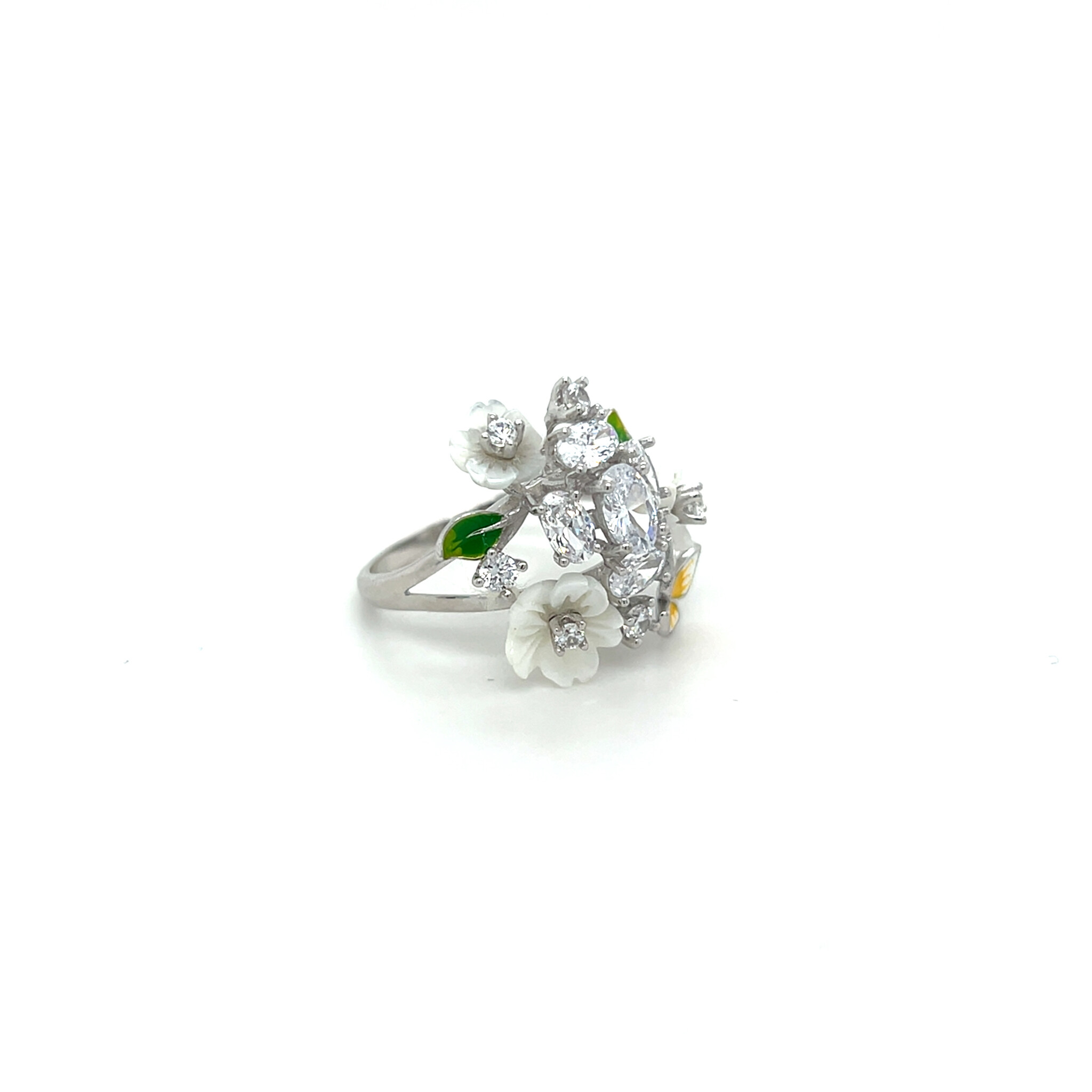 Ring in de vorm van een bloem met zirkonia stenen en groen en gele accenten-3