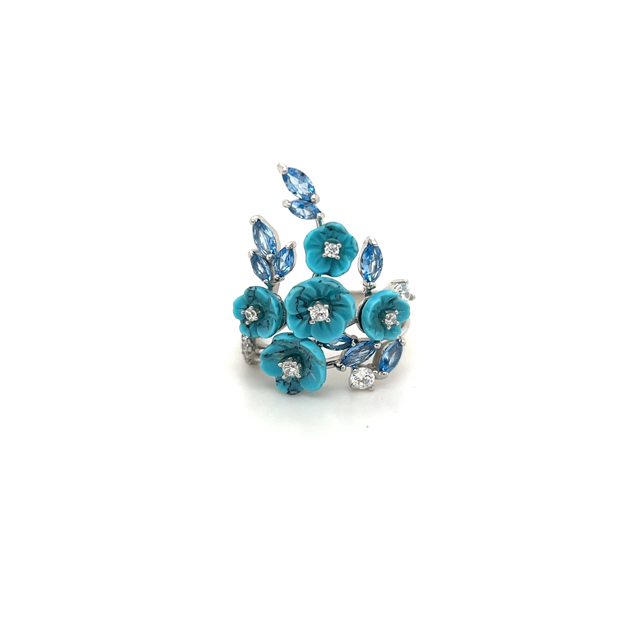 Ring artistieke vorm met blauwe stenen en bloemen-1