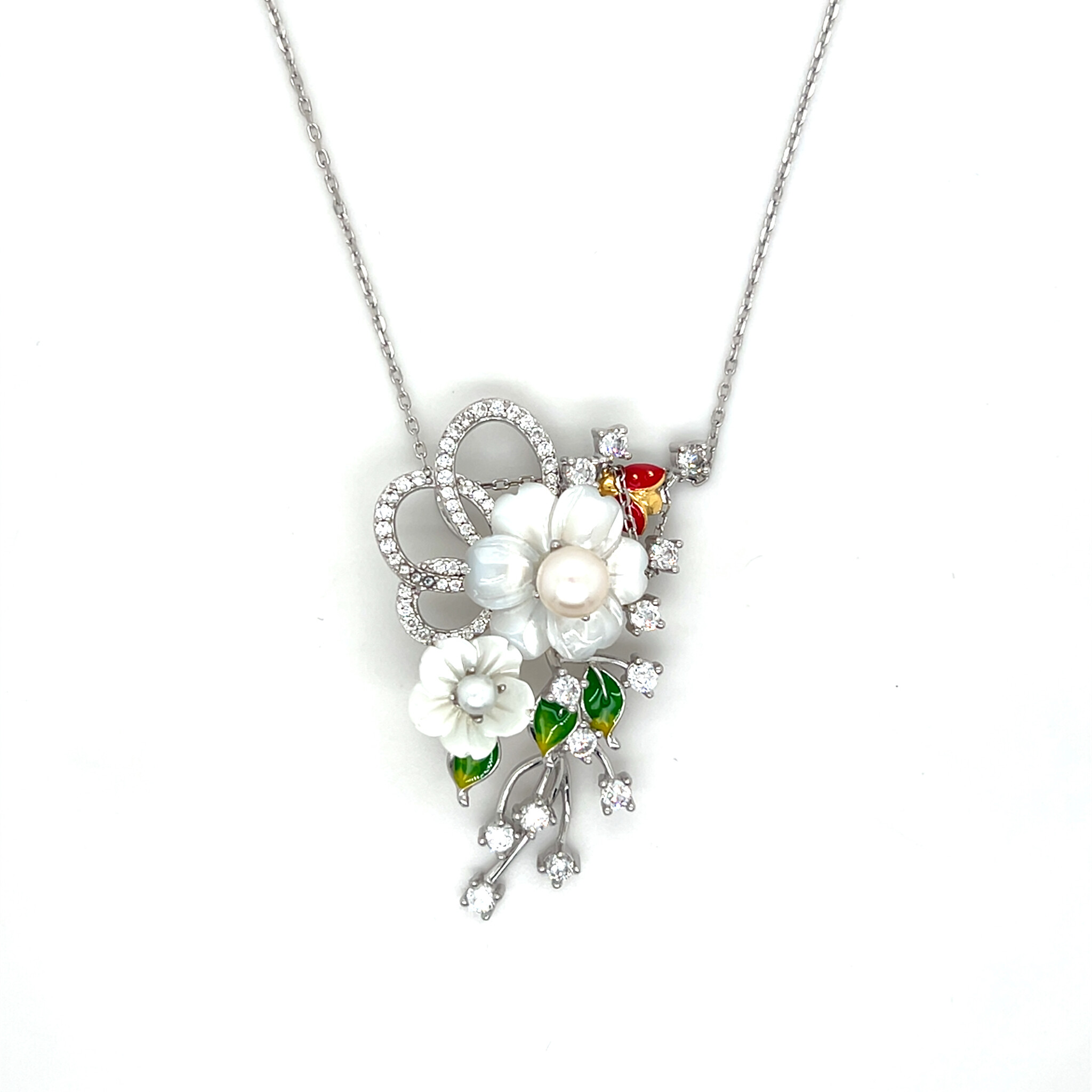 Ketting ankerschakel met fantasie hanger met bloemen, parels en zirkonia's-1