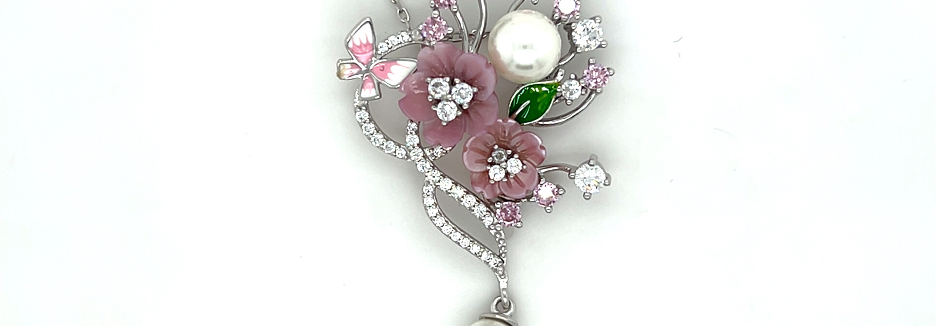 Ketting met fantasie hanger roze bloemen en zirkonia's