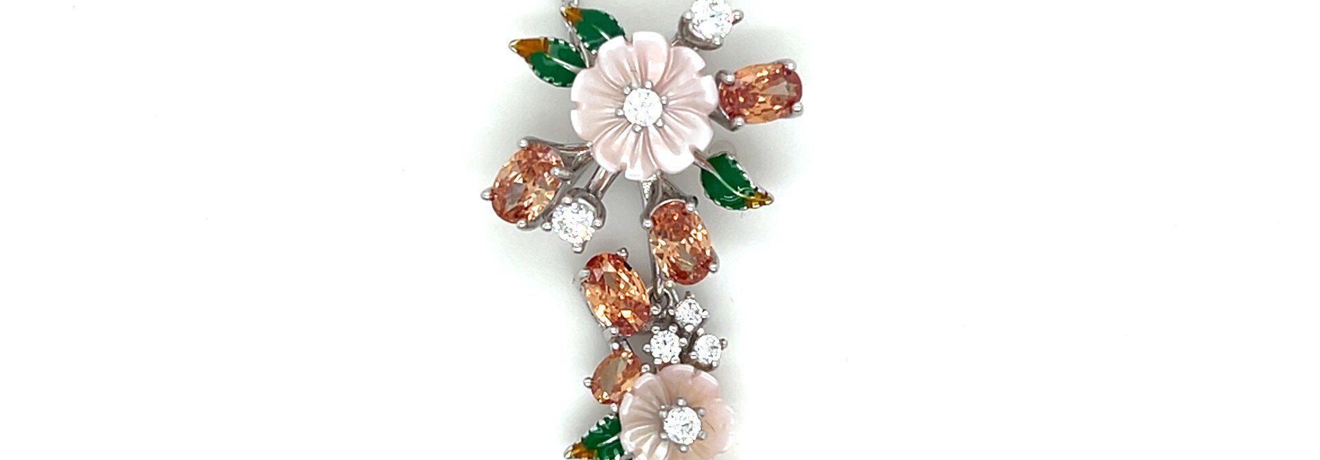 Ketting ankerschakel met hanger oranje, groen en roze bloemen en zirkonia's