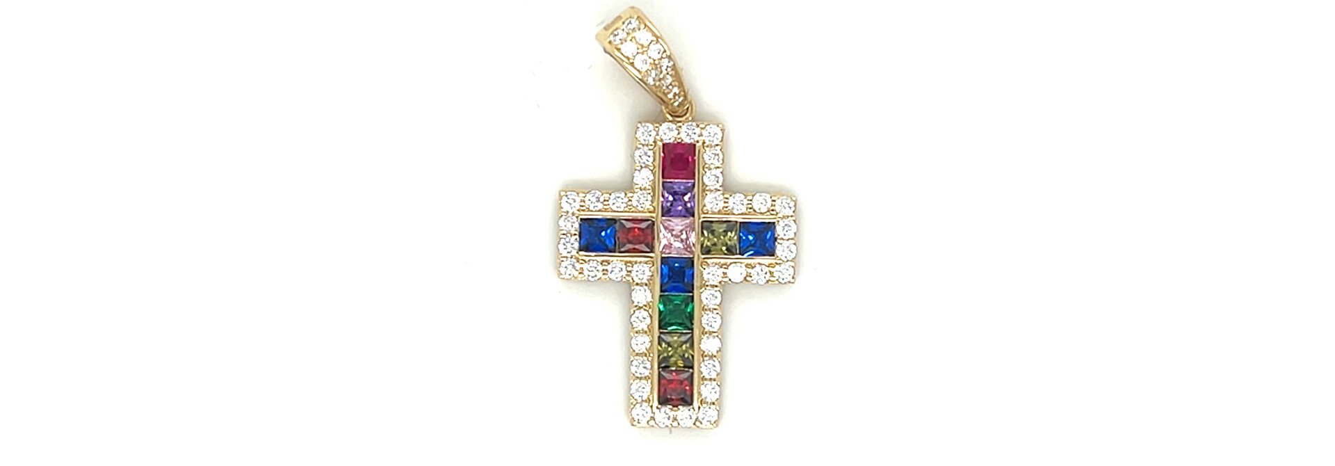 Hanger met kruis en gekleurde zirkonia stenen met omlijning