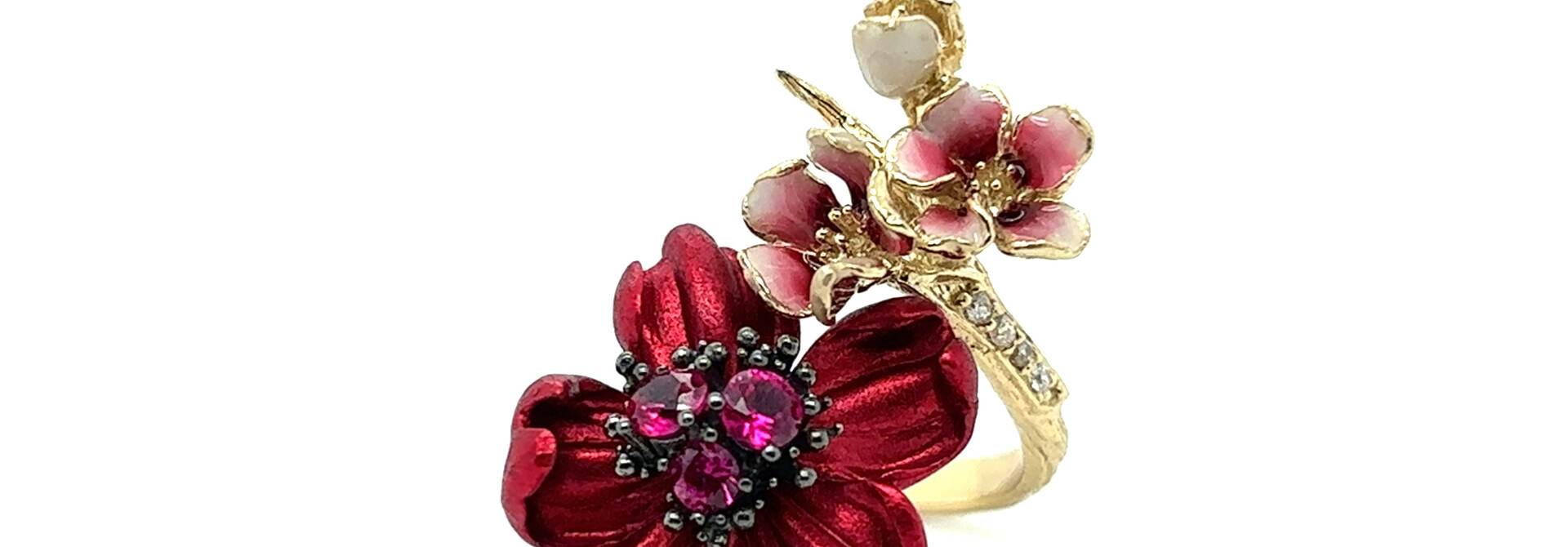 Ring met rode en roze bloemen met zirkonia stenen goldplated