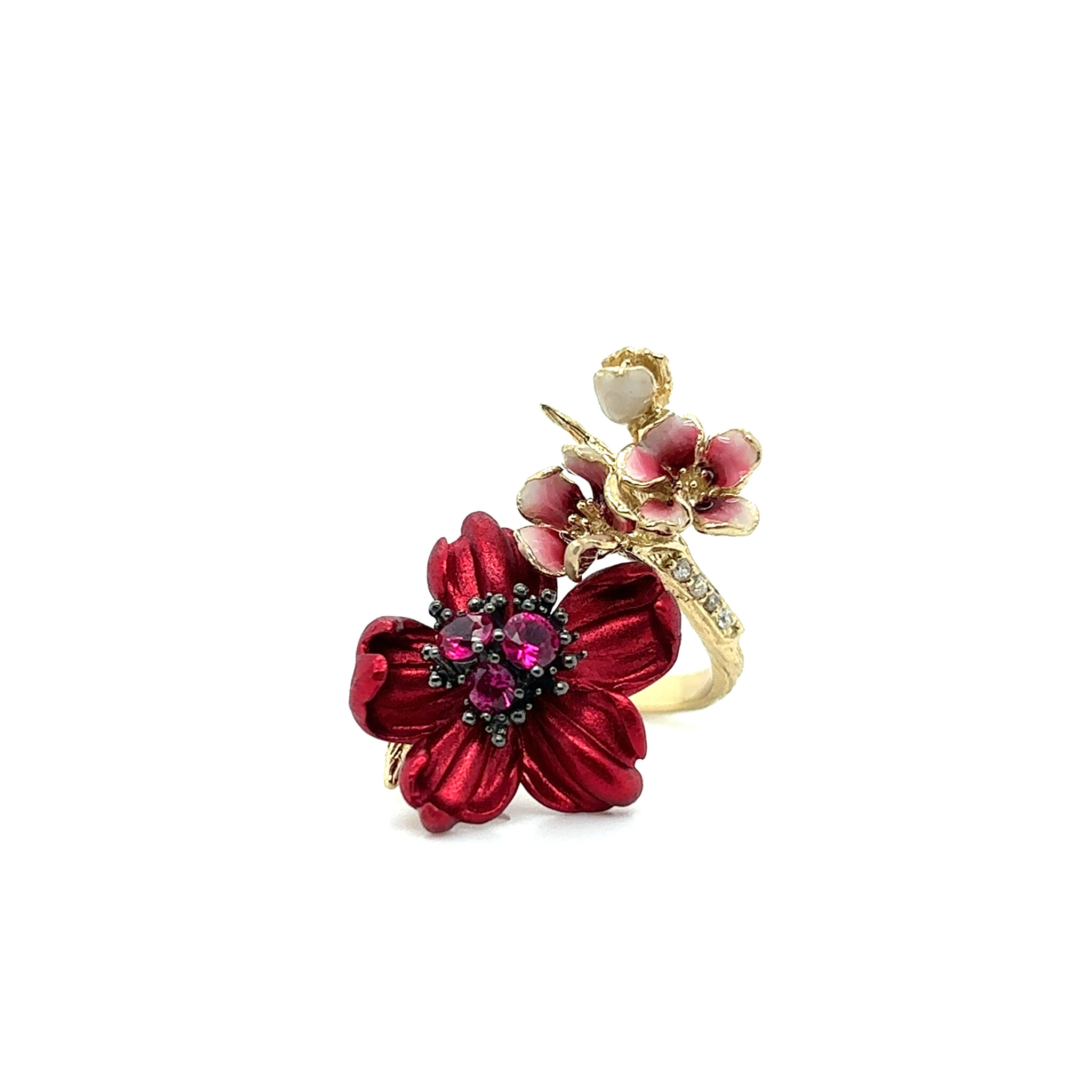Ring met rode en roze bloemen met zirkonia stenen goldplated-1