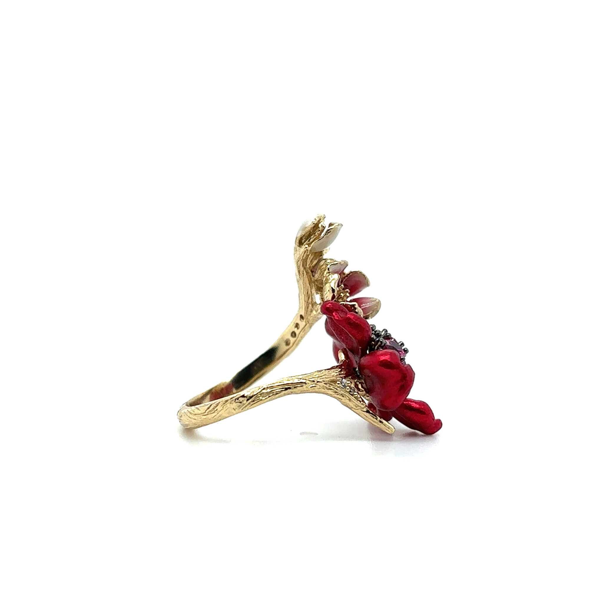 Ring met rode en roze bloemen met zirkonia stenen goldplated-2