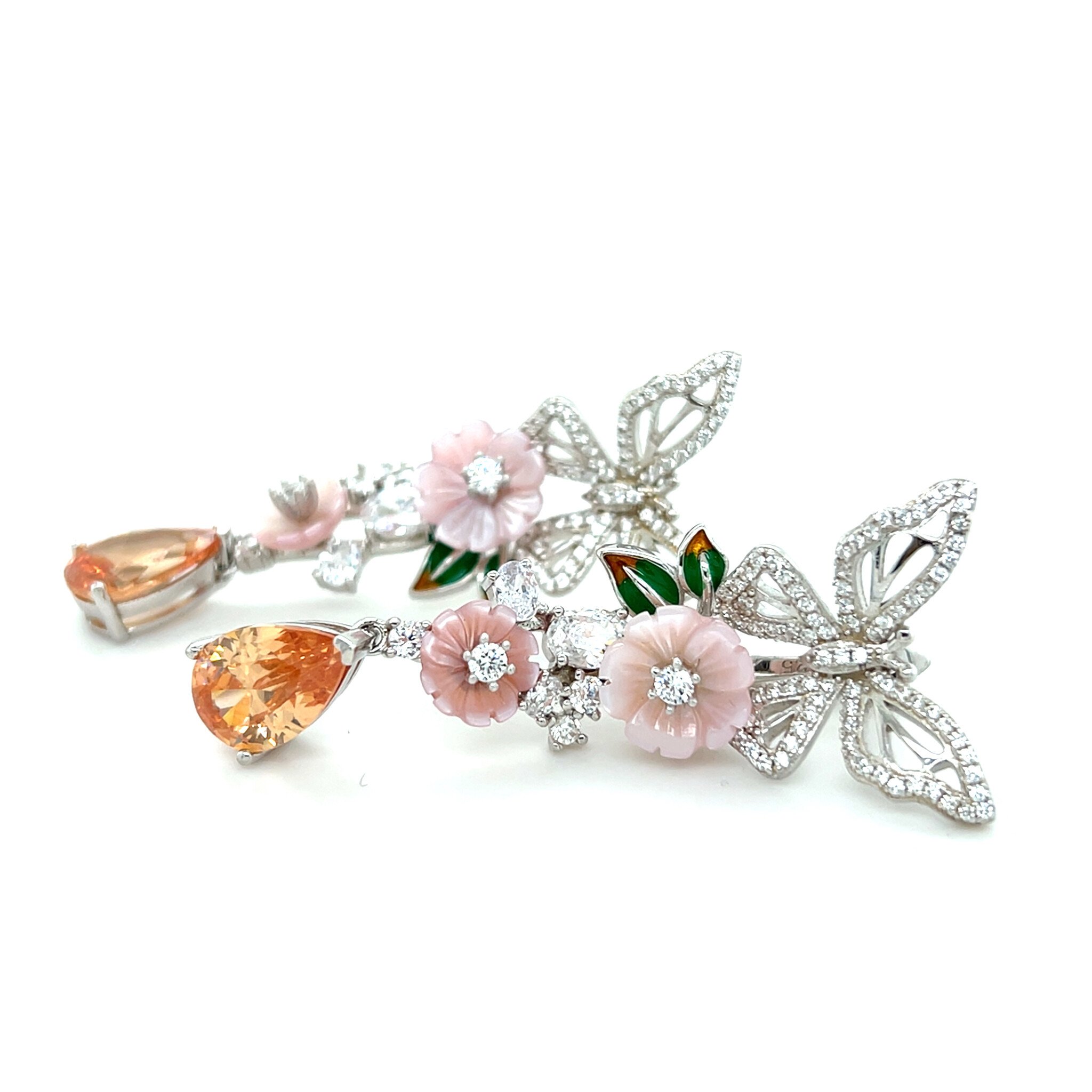 Oorbellen vlinder met bloemen en druppel vorm oranje-1