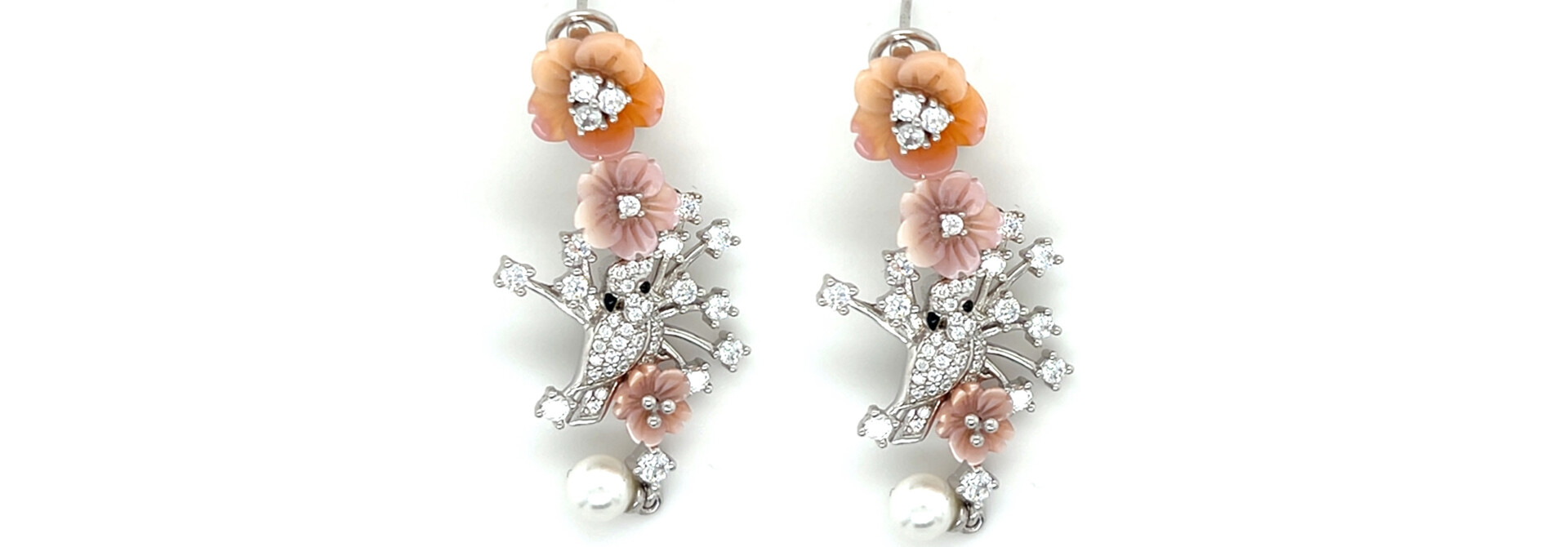 Oorbellen vogel en bloemen met zirkonia's