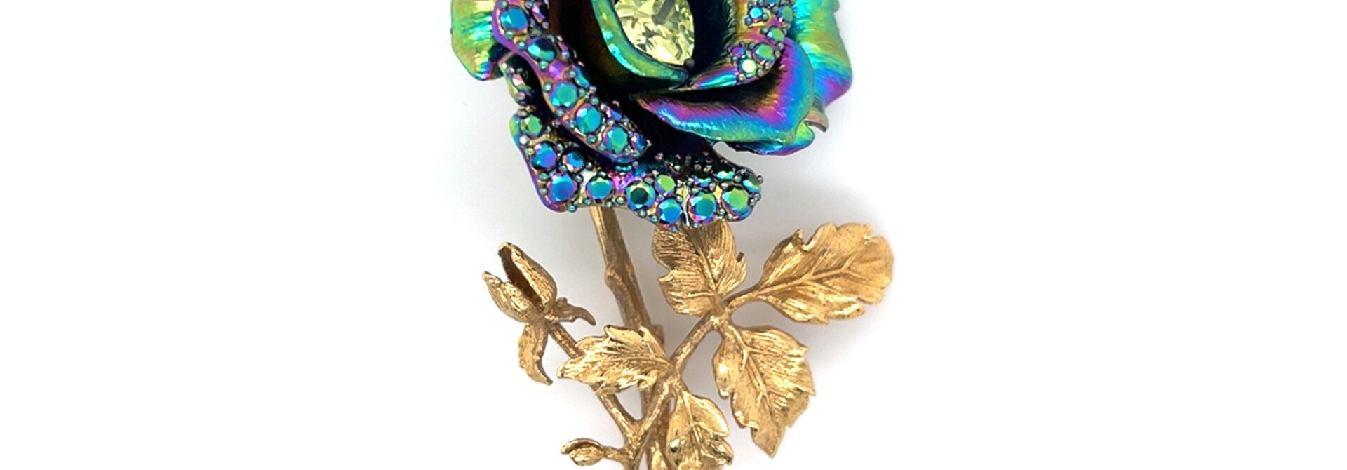 Broche gold-plated roos met holographische details, kleur en zirkonia's