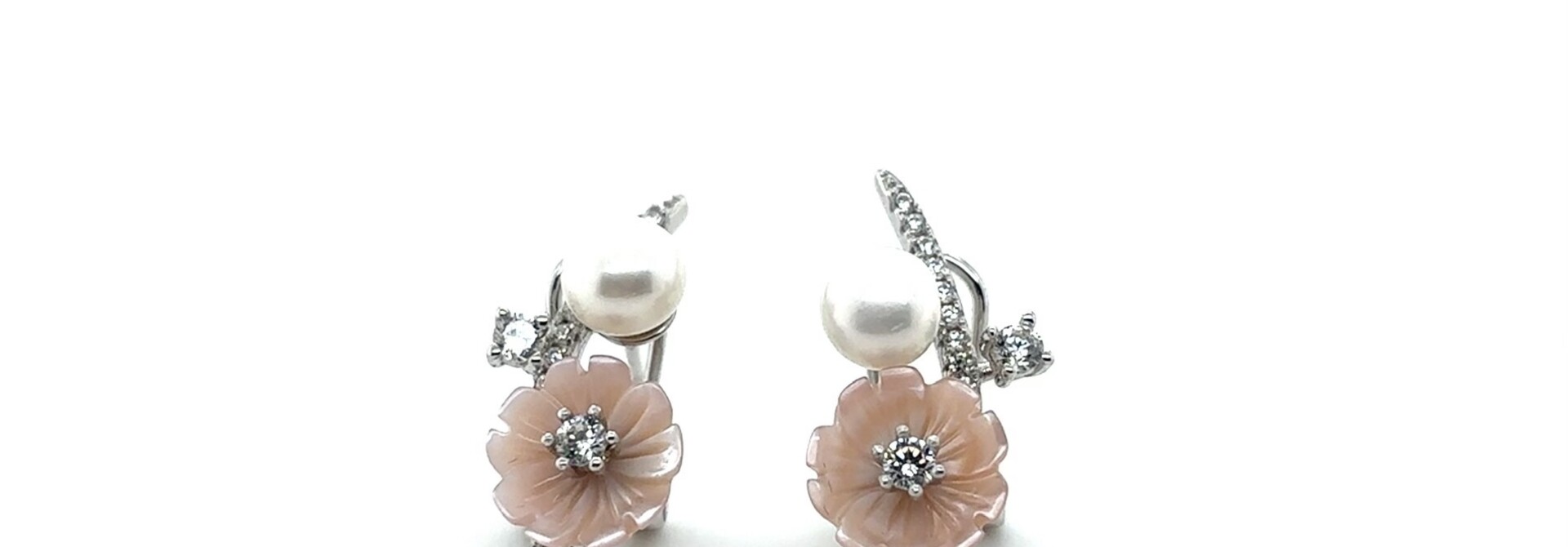 Oorbellen met pastel kleur bloem parel en zirkonia stenen