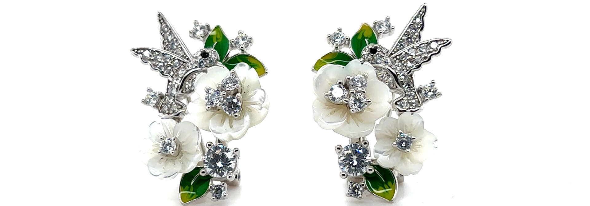 Oorbellen met bloemen groene blaadjes vogel en zirkonia stenen