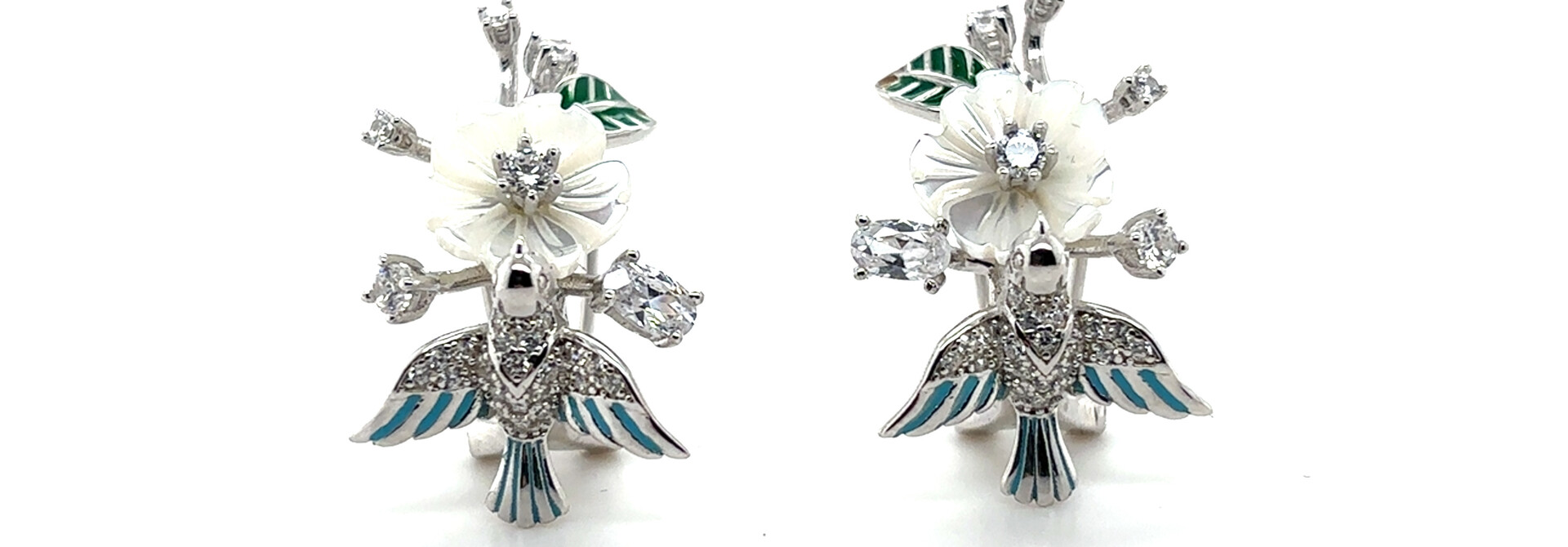 Oorbellen met bloem vogel en zirkonia stenen