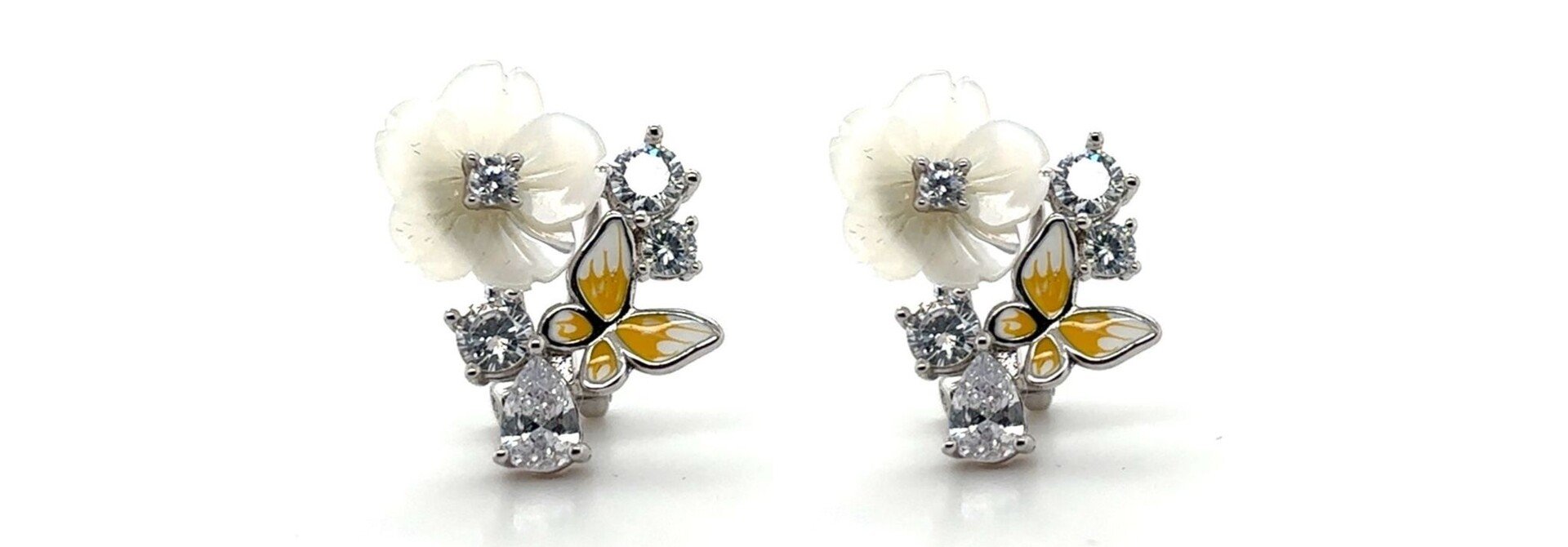 Oorbellen met  bloemen gele vlinder en zirkonia stenen
