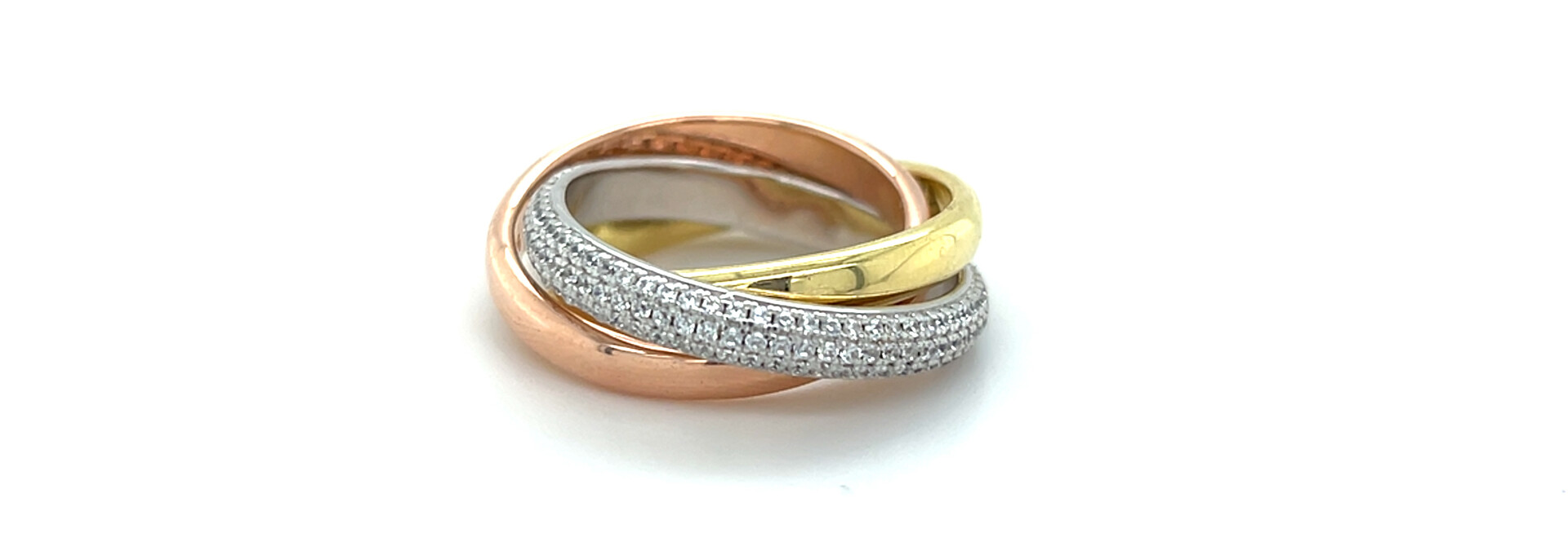 Ring gold-plated met geel en rose, 3 ringen in elkaar met zirkonia's