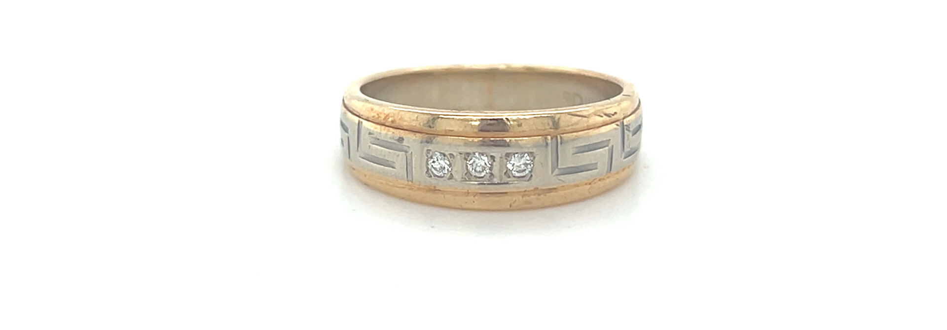 Ring geelgoud met witgoud meander en 3x diamant 0.02 ct