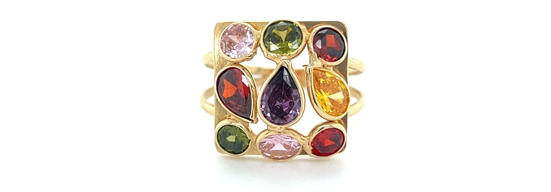 Ring vierkant met gekleurde zirkonia stenen