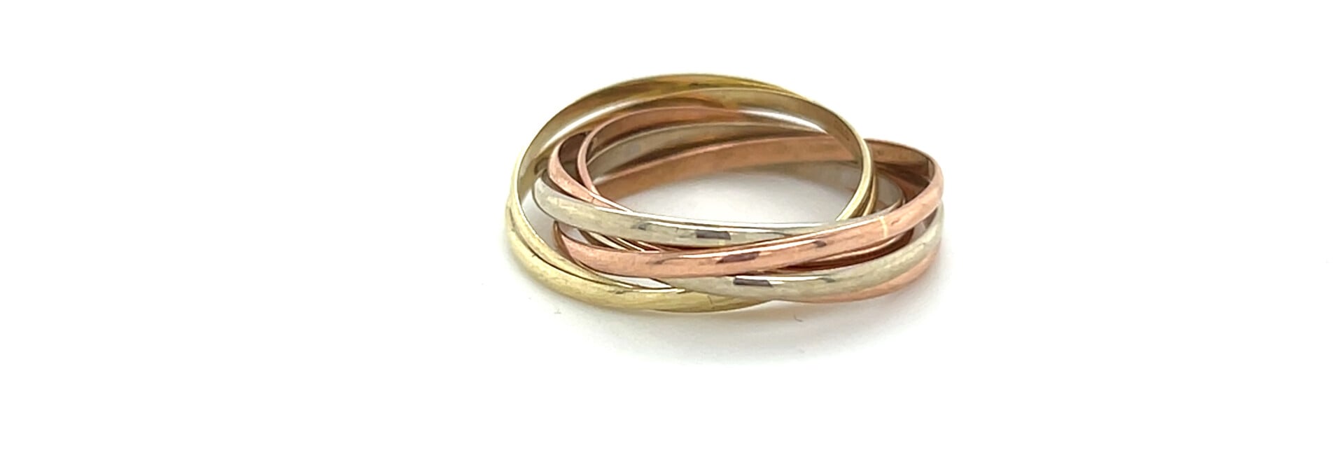 Ring tricolour 2x witgoud, 2x geelgoud en 3x rosegoud