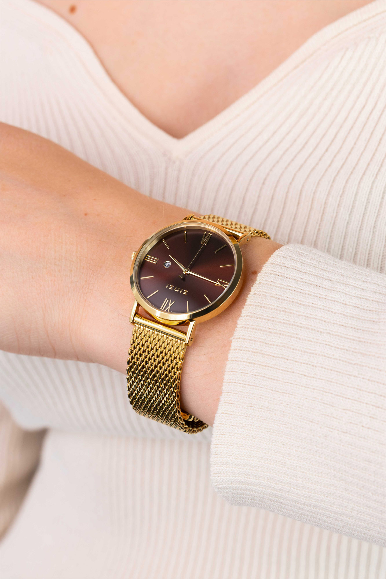 ZINZI Roman horloge 34mm goudkleurige wijzerplaat bruin/meshband-2