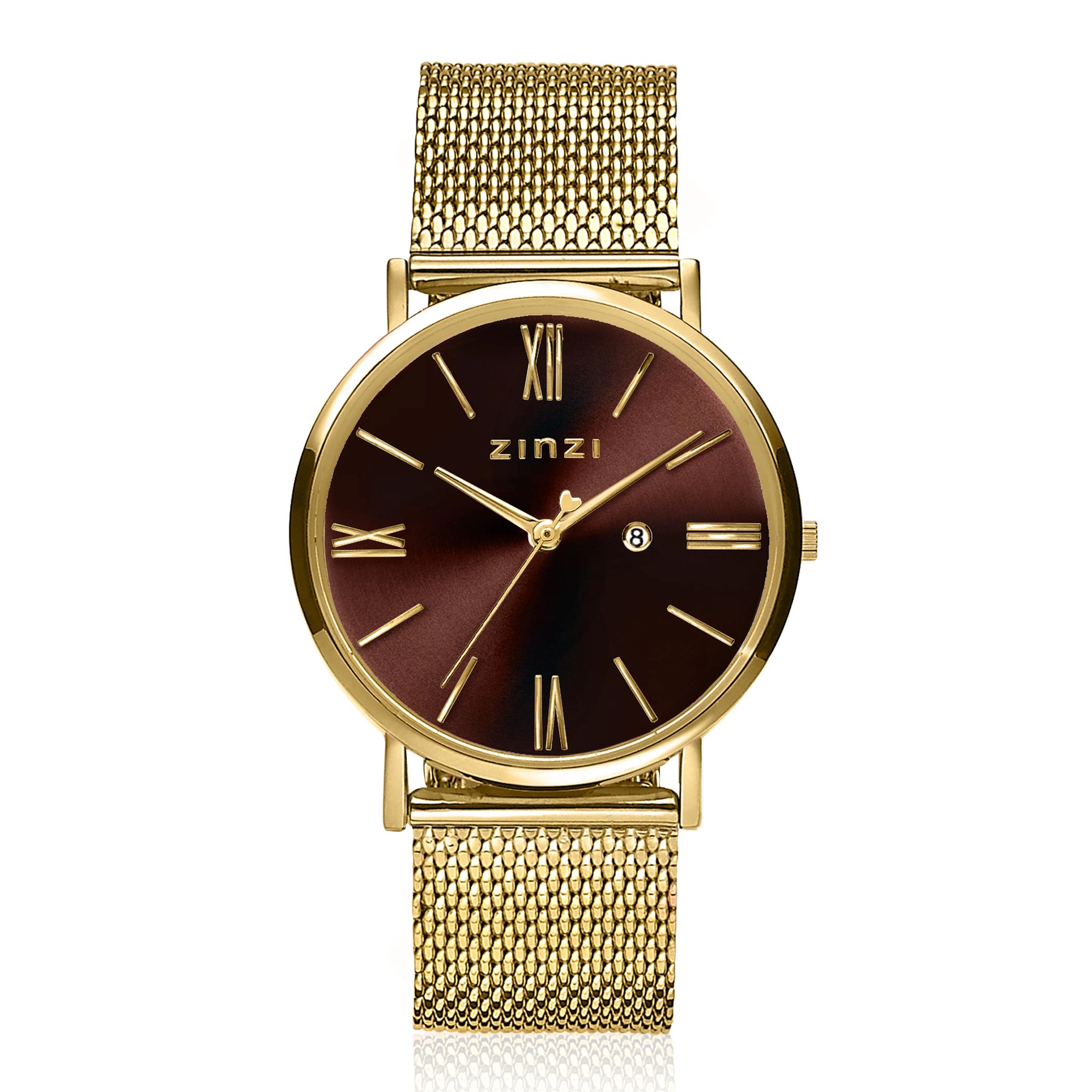 ZINZI Roman horloge 34mm goudkleurige wijzerplaat bruin/meshband-1