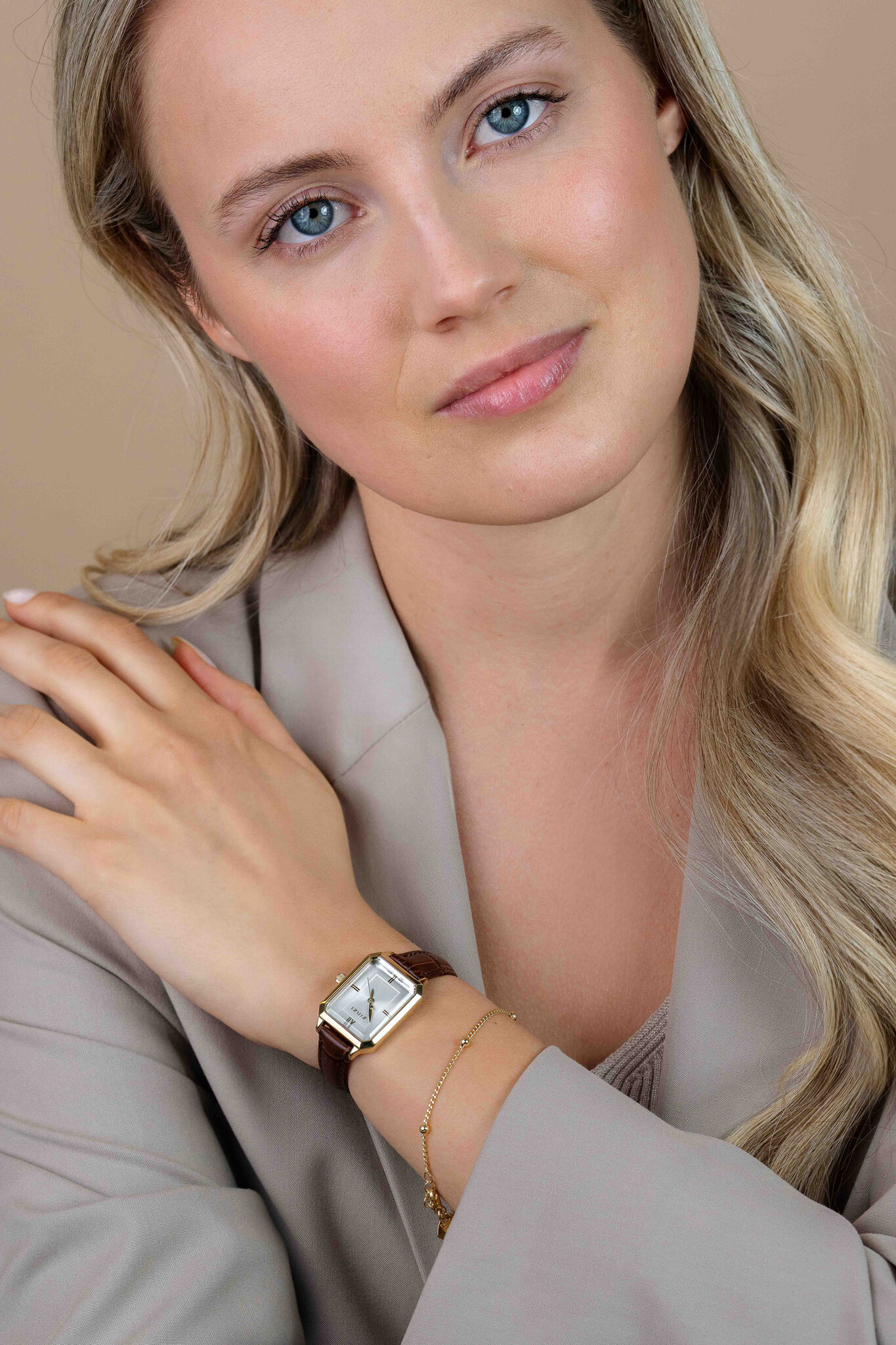 ZINZI Allure horloge 30mm goudkleurige/wijzerplaat zilver/bruine band-2