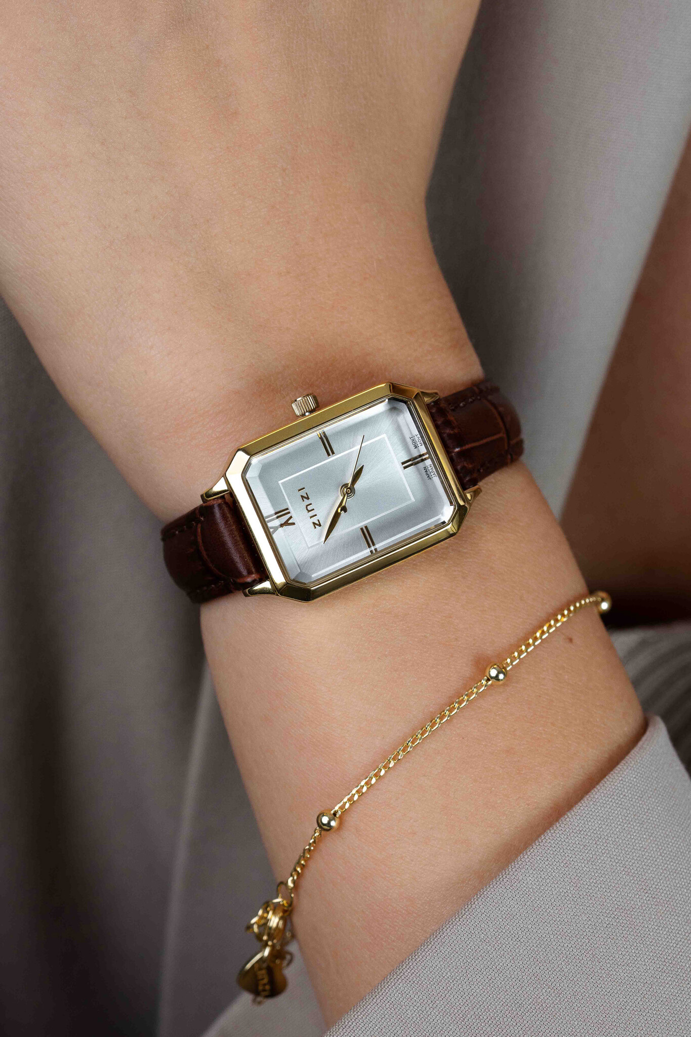 ZINZI Allure horloge 30mm goudkleurige/wijzerplaat zilver/bruine band-3