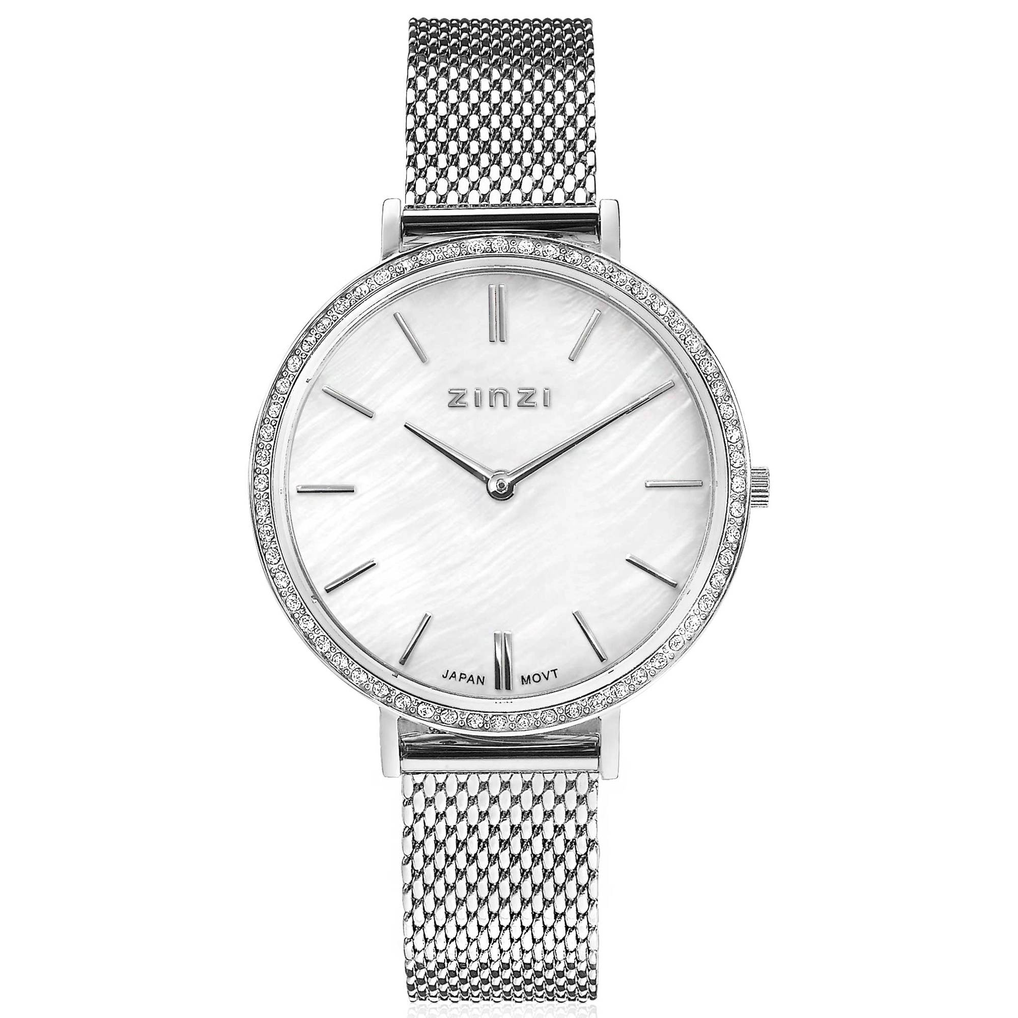 ZINZI horloge Grace parelmoerw.plaatzirkoniarand stalen meshband-1