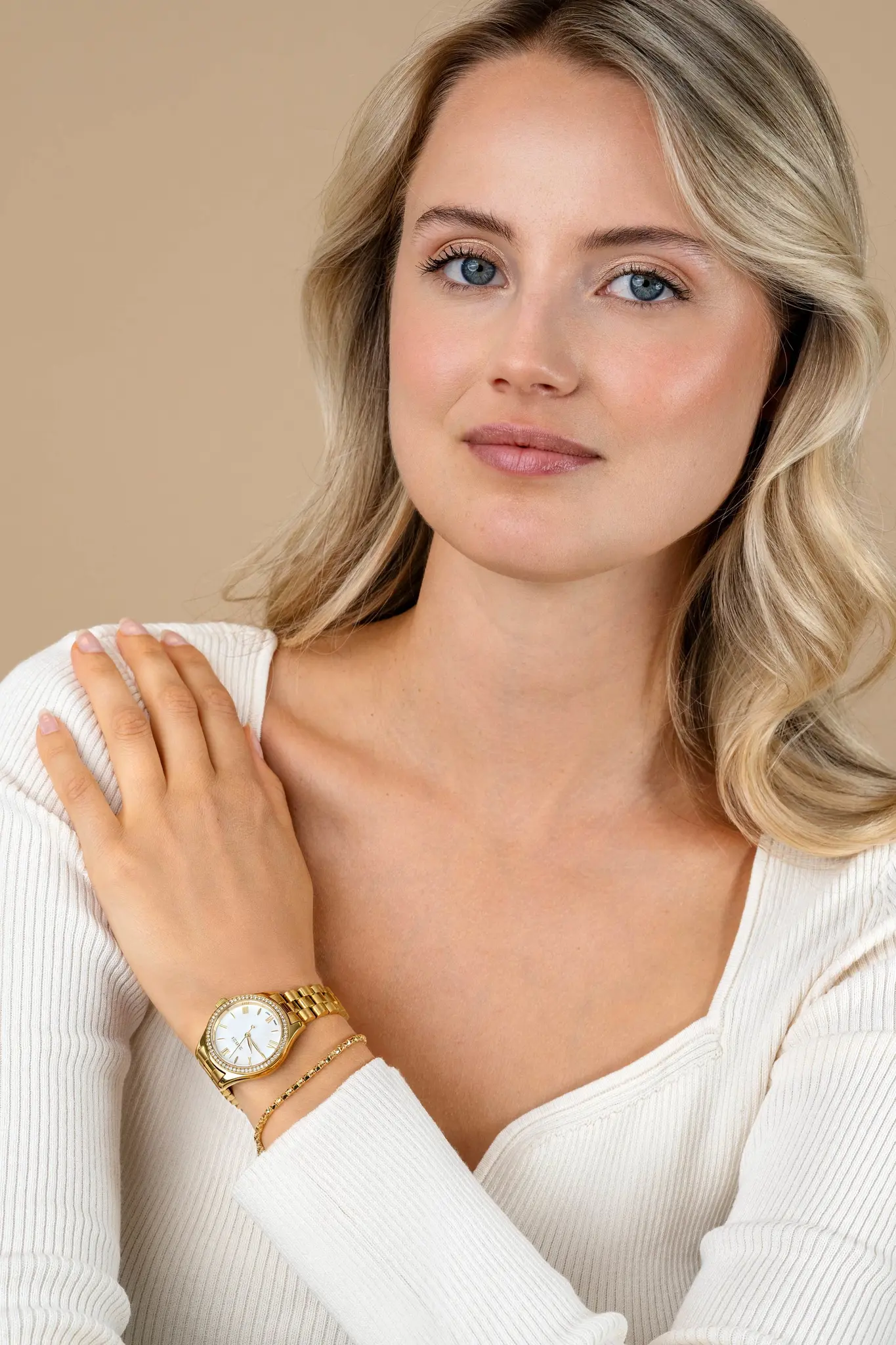ZINZI horloge parelmoer wijzerplaatgoudkl.st band 32mm m.zirkonia-2