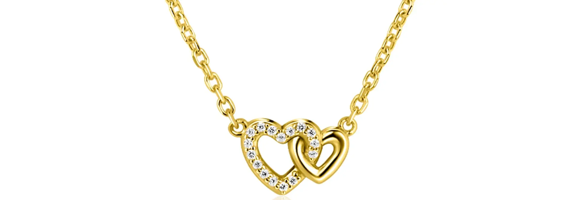 ZINZI zilveren collier geel vergulde2 hartjes verbonden 1x zirkonia