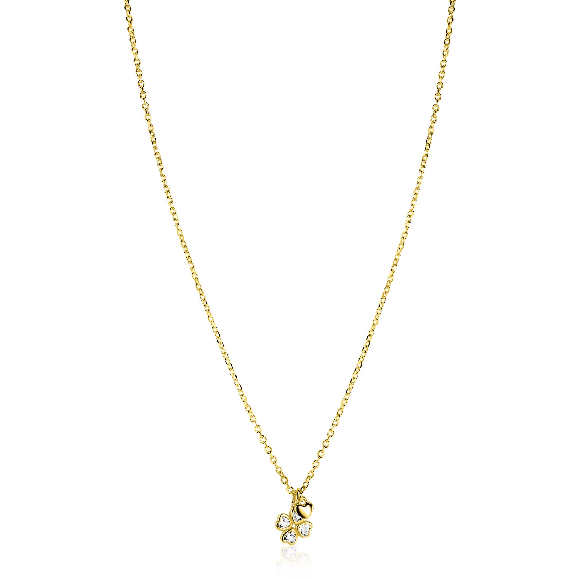 ZINZI zilveren collier geel vergulde met klaver zirkonia en hartje-1