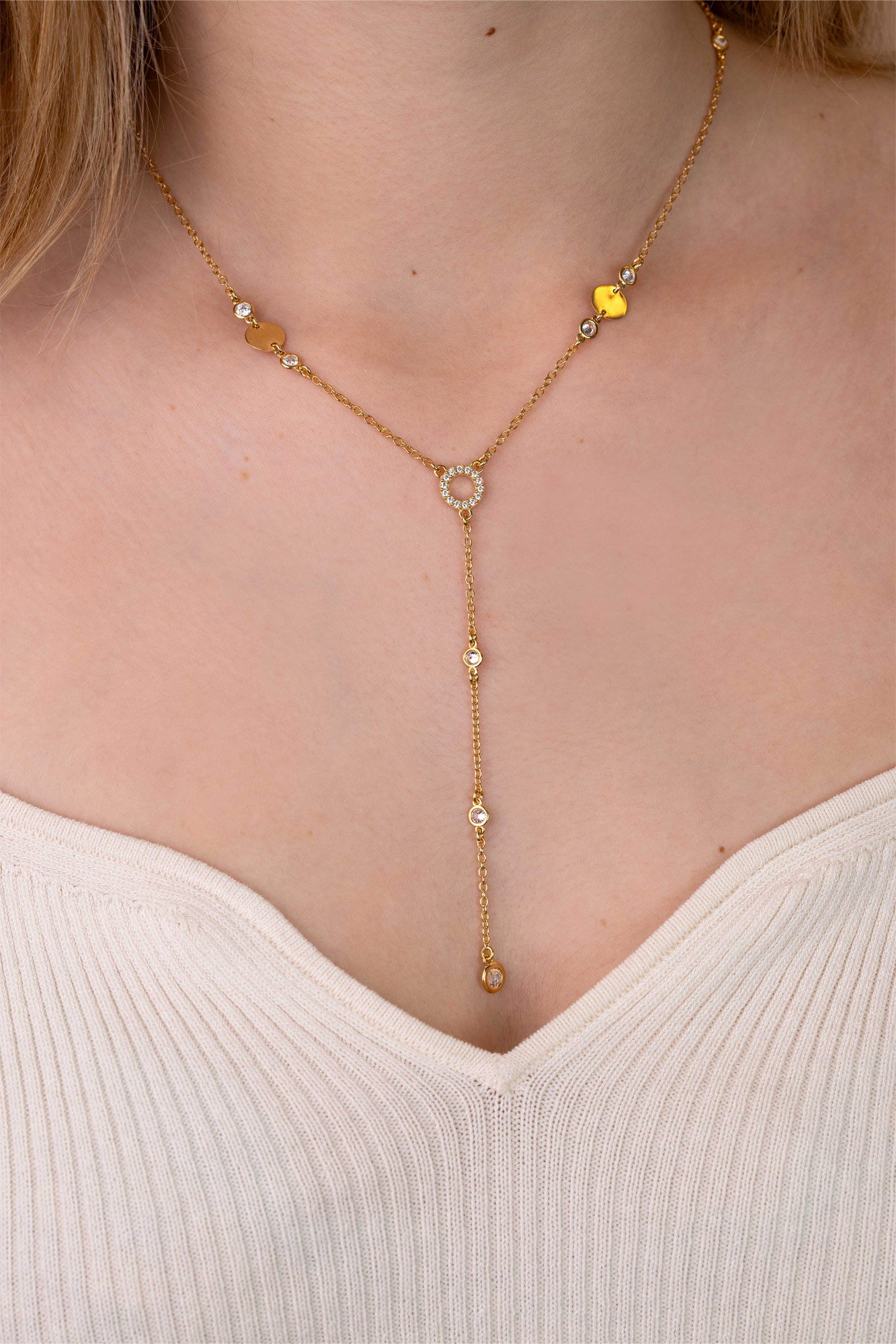 ZINZI zilveren Y-collier met ronde plaatjes en zirkonia-2