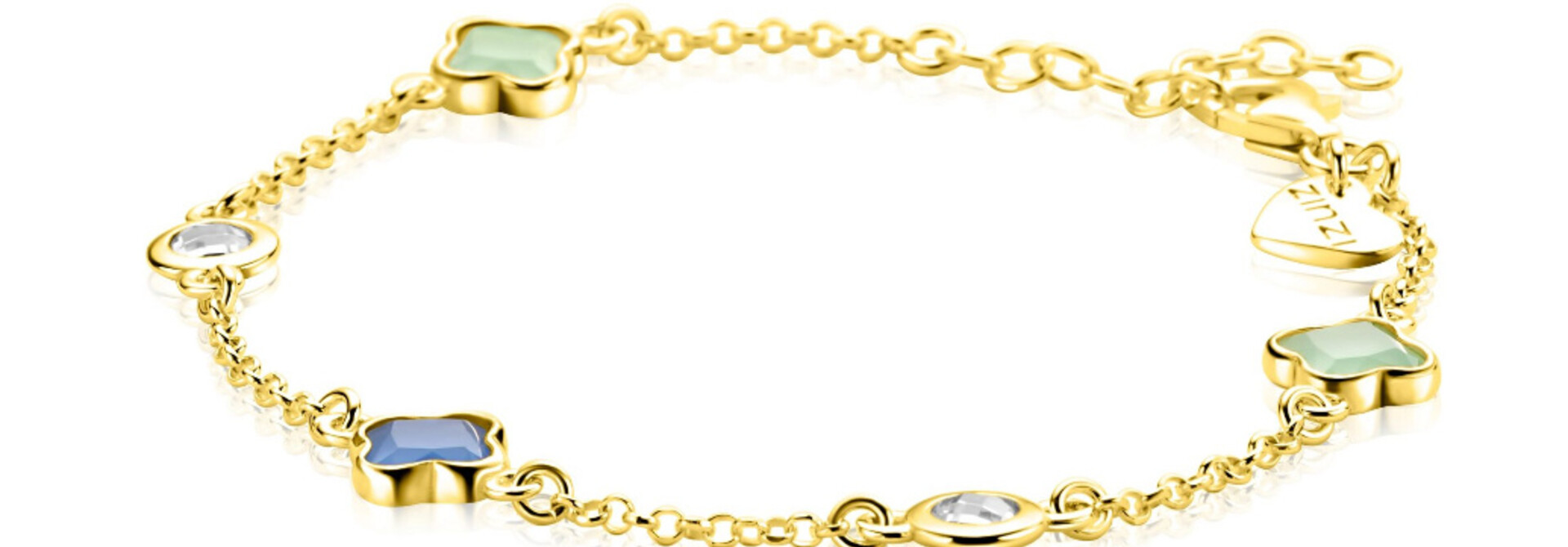 ZINZI zilveren armband geel verguldeklavers blauw/groen/zirkonia