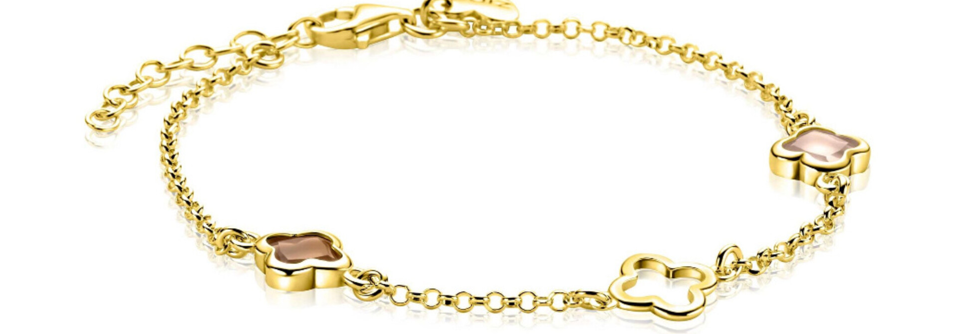 ZINZI zilveren armband geel vergulde klavers open/bruin/cham