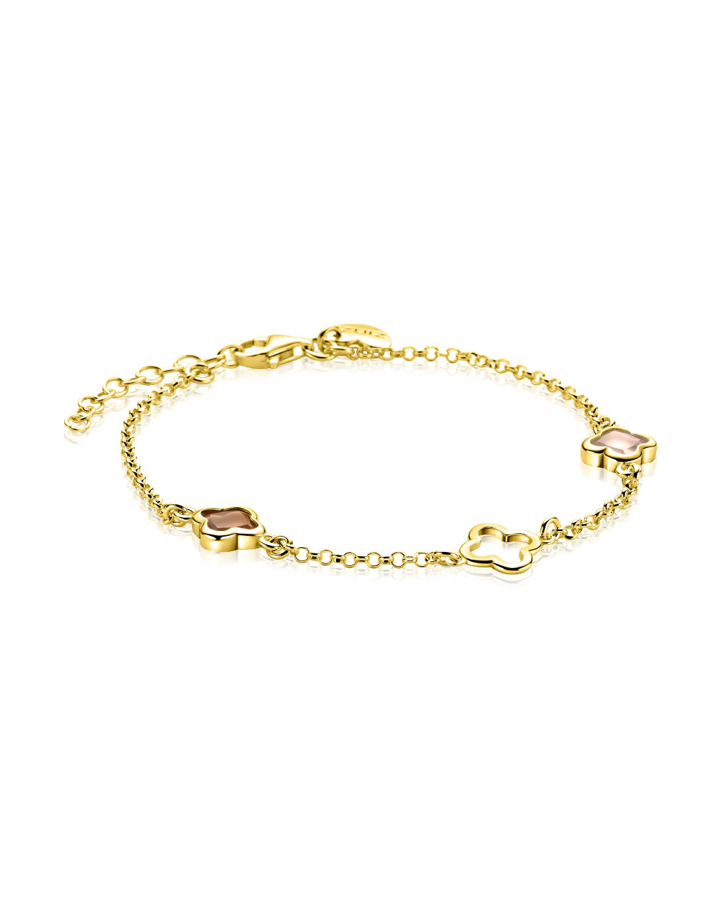 ZINZI zilveren armband geel vergulde klavers open/bruin/cham-1