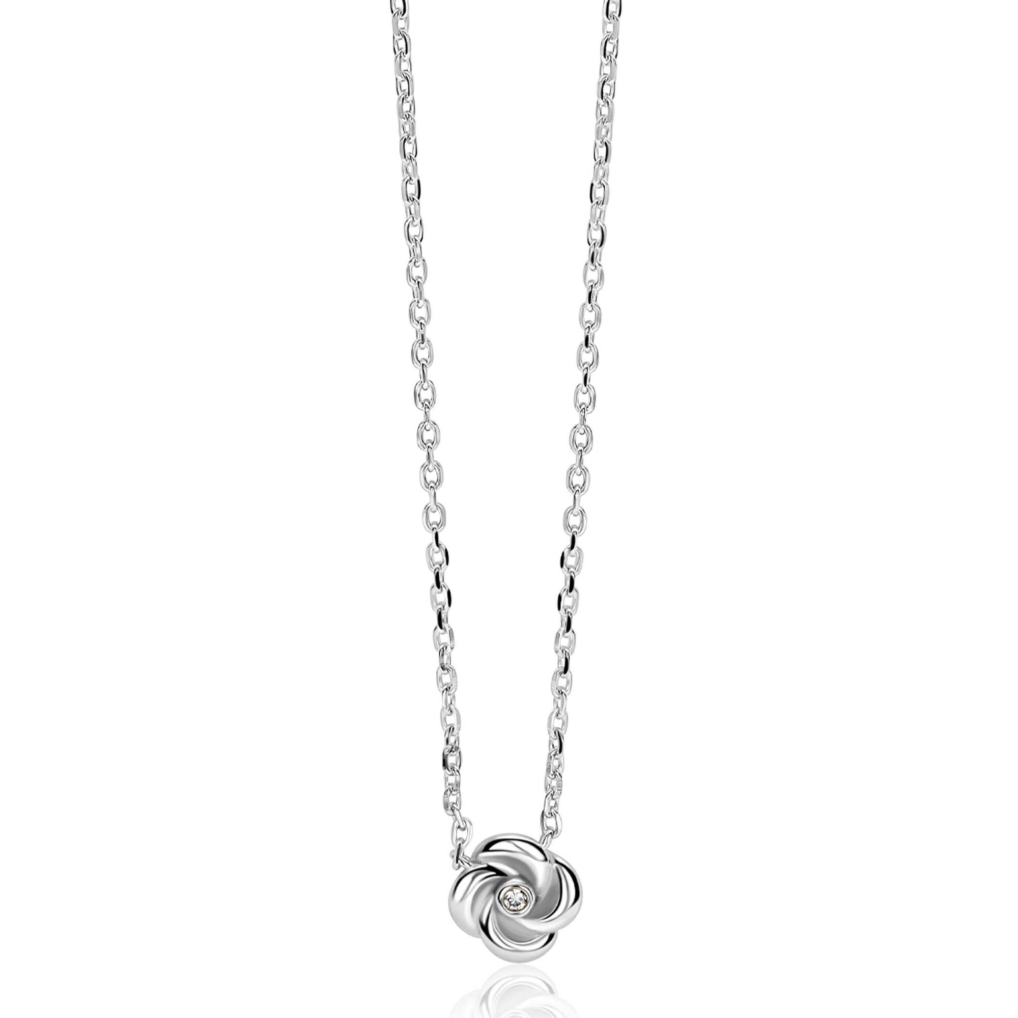 ZINZI zilveren ketting met hanger in roosdesign en bezet met een witte zirkonia in het midden-1