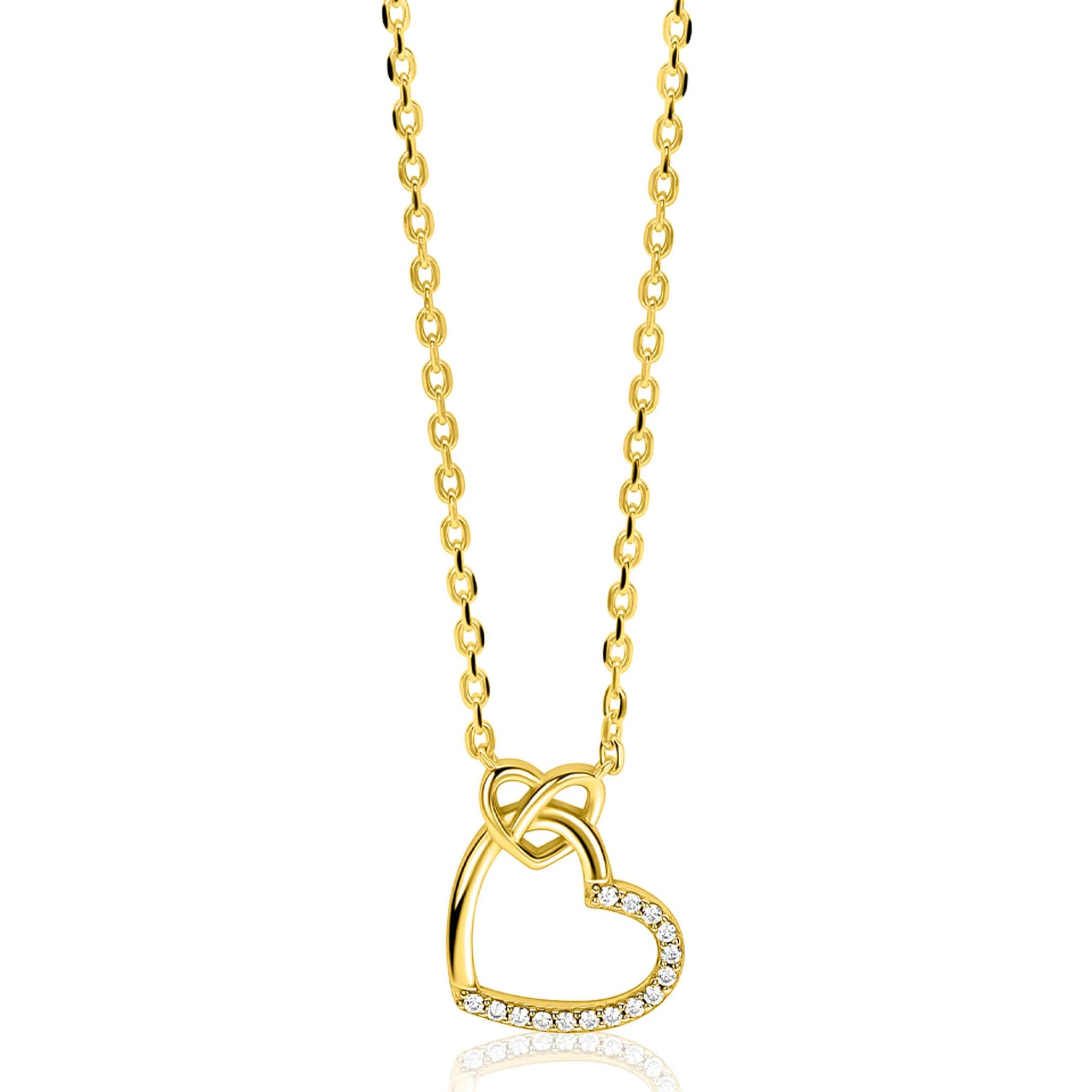 ZINZI gold plated zilveren ketting met twee sierlijke harten die met elkaar verbonden zijn, ook bezet met witte zirkonia's 42-45cm-1