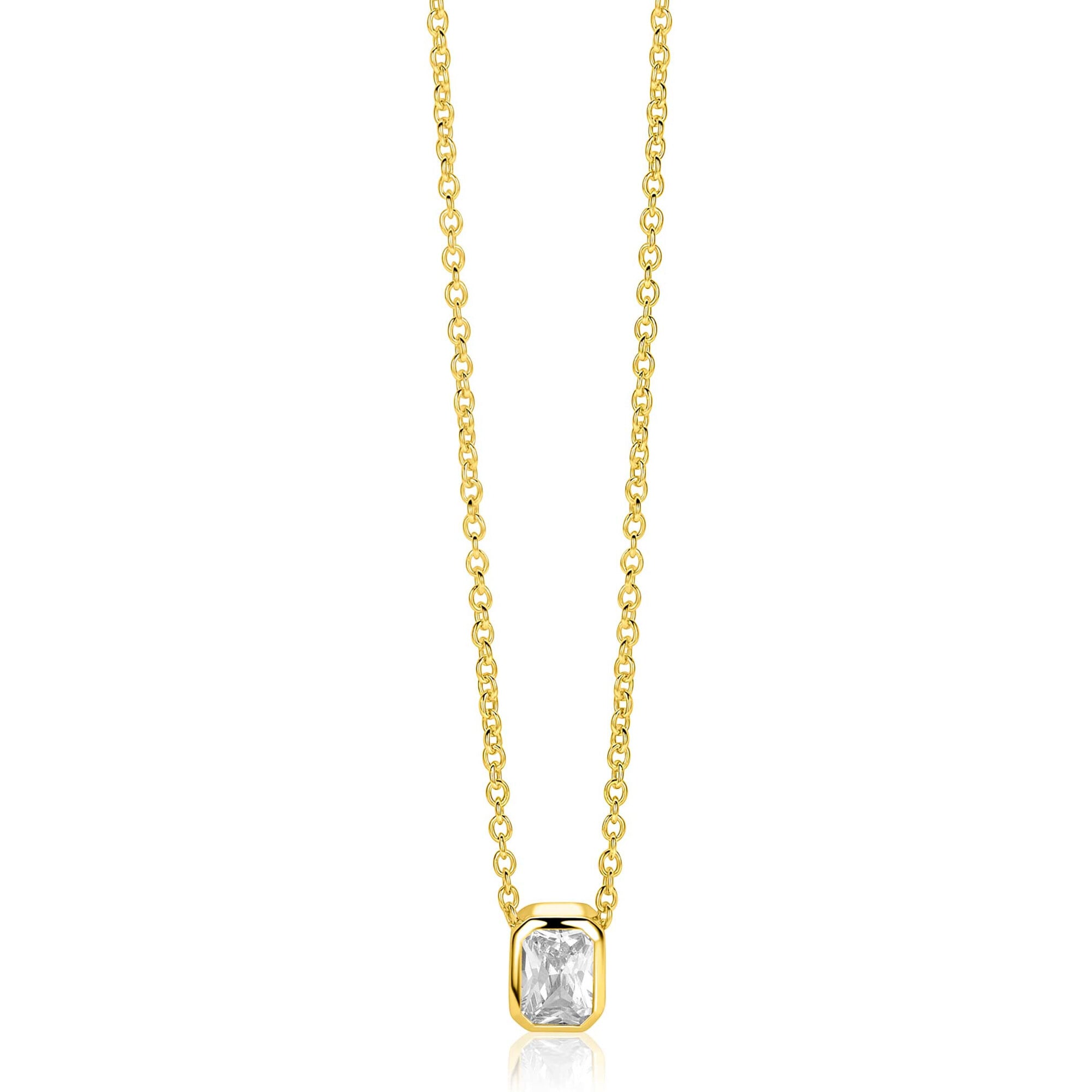 ZINZI gold plated zilveren collier 45cm met een rechthoekige gladde kastzetting bezet met een witte zirkonia-1
