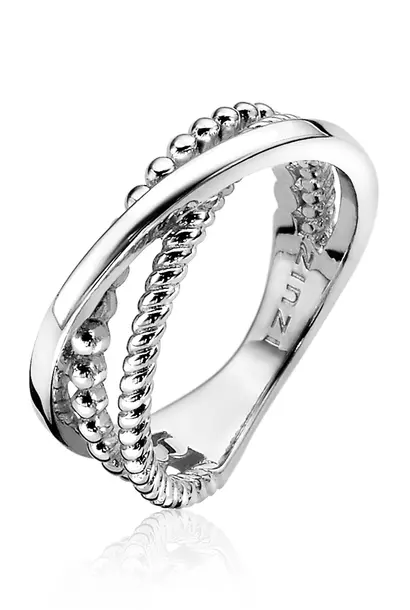 ZINZI zilveren ring 3 x 1x gedraaid, 1x glad en 1x bolletjes maat 56