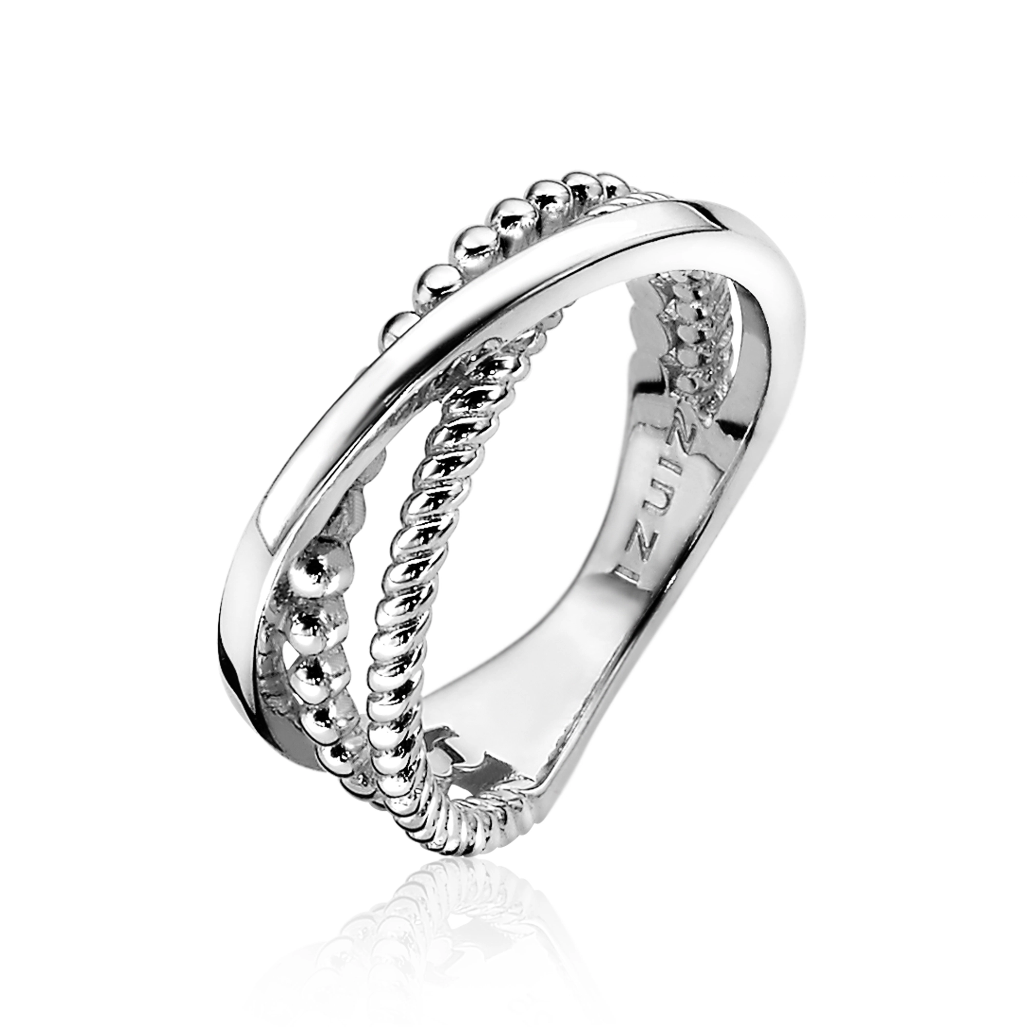 ZINZI zilveren ring 3 x 1x gedraaid, 1x glad en 1x bolletjes maat 56-1