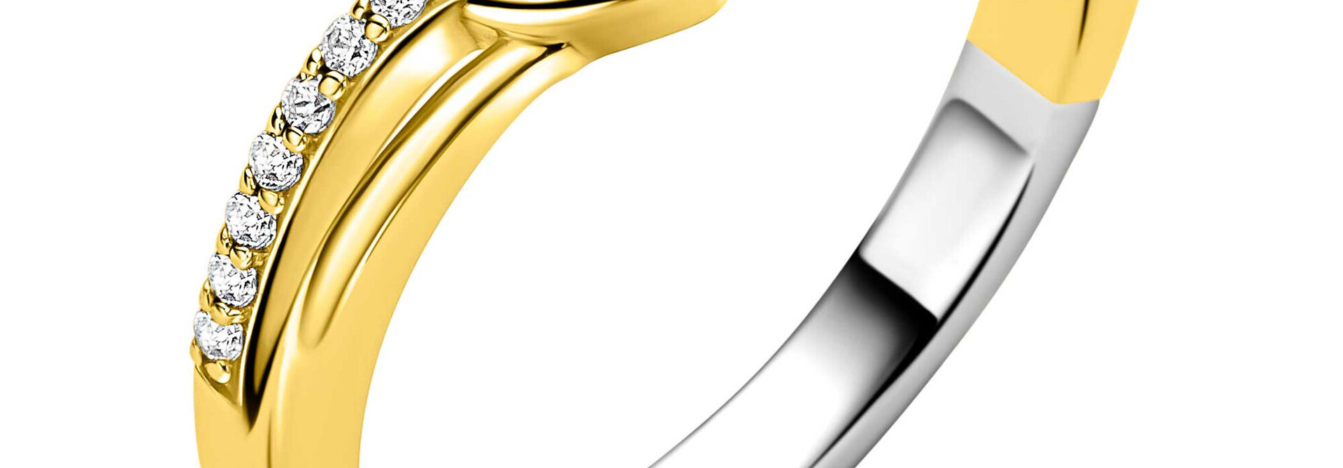 ZINZI gold plated zilveren cross-over ring met een opengewerkt sierlijk hart