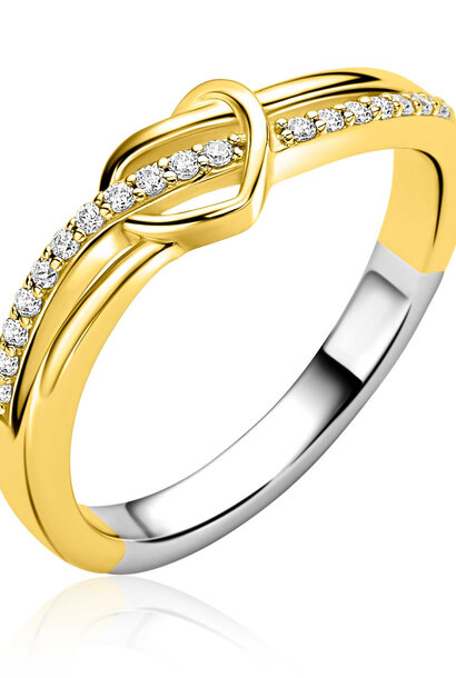 ZINZI gold plated zilveren cross-over ring met een opengewerkt sierlijk hart