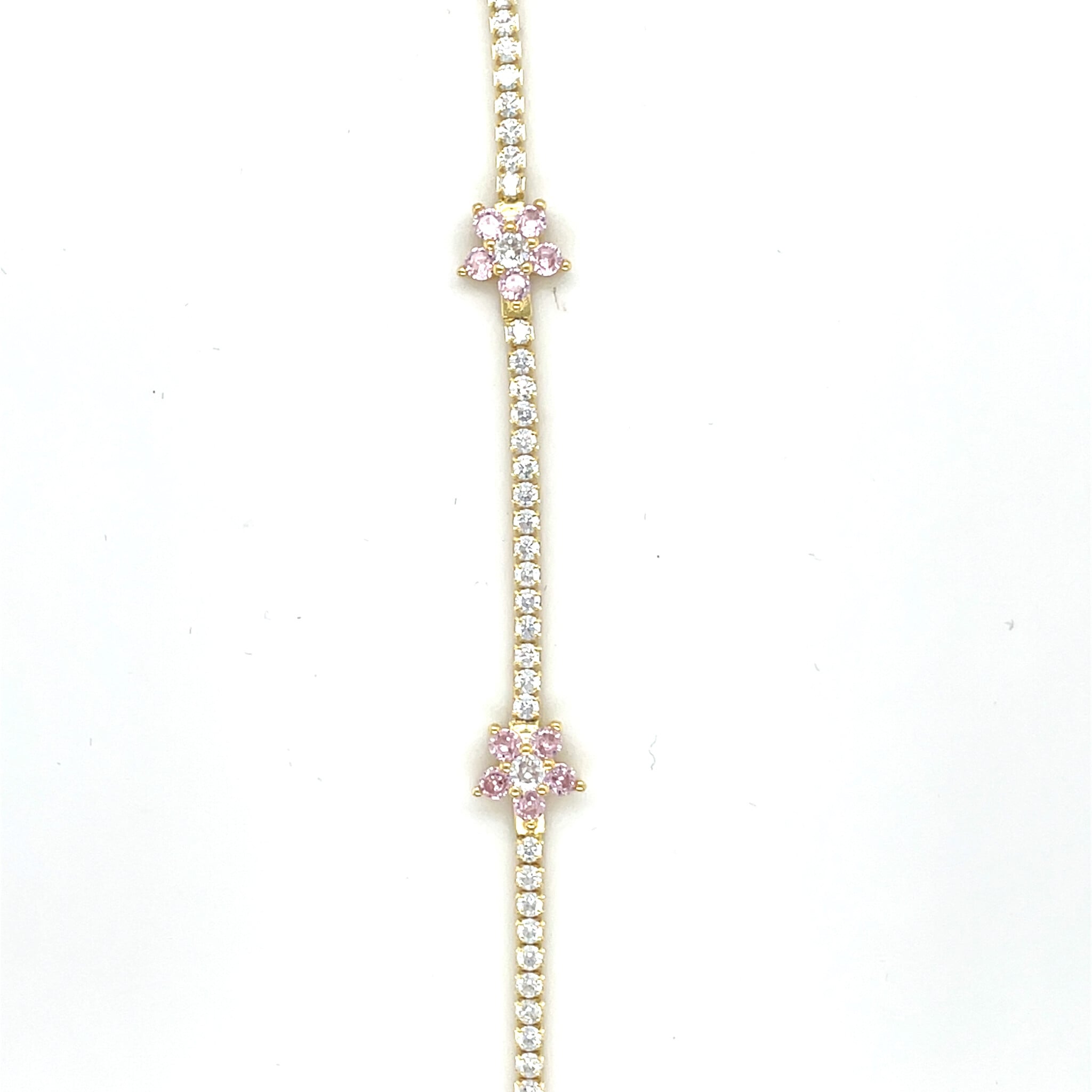Armband tennisschakel met roze of blauwe bloementjes met zirkonia's-1