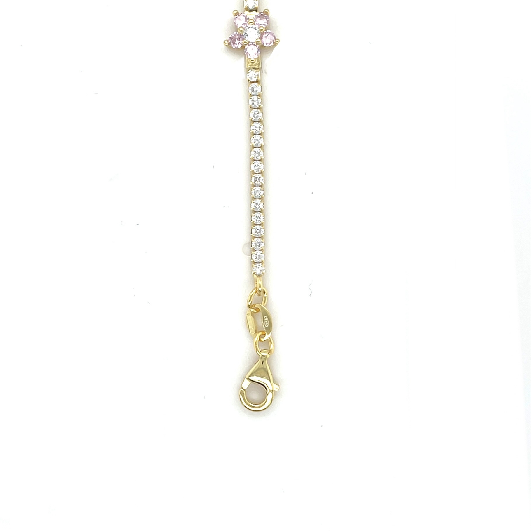 Armband tennisschakel met roze of blauwe bloementjes met zirkonia's-2