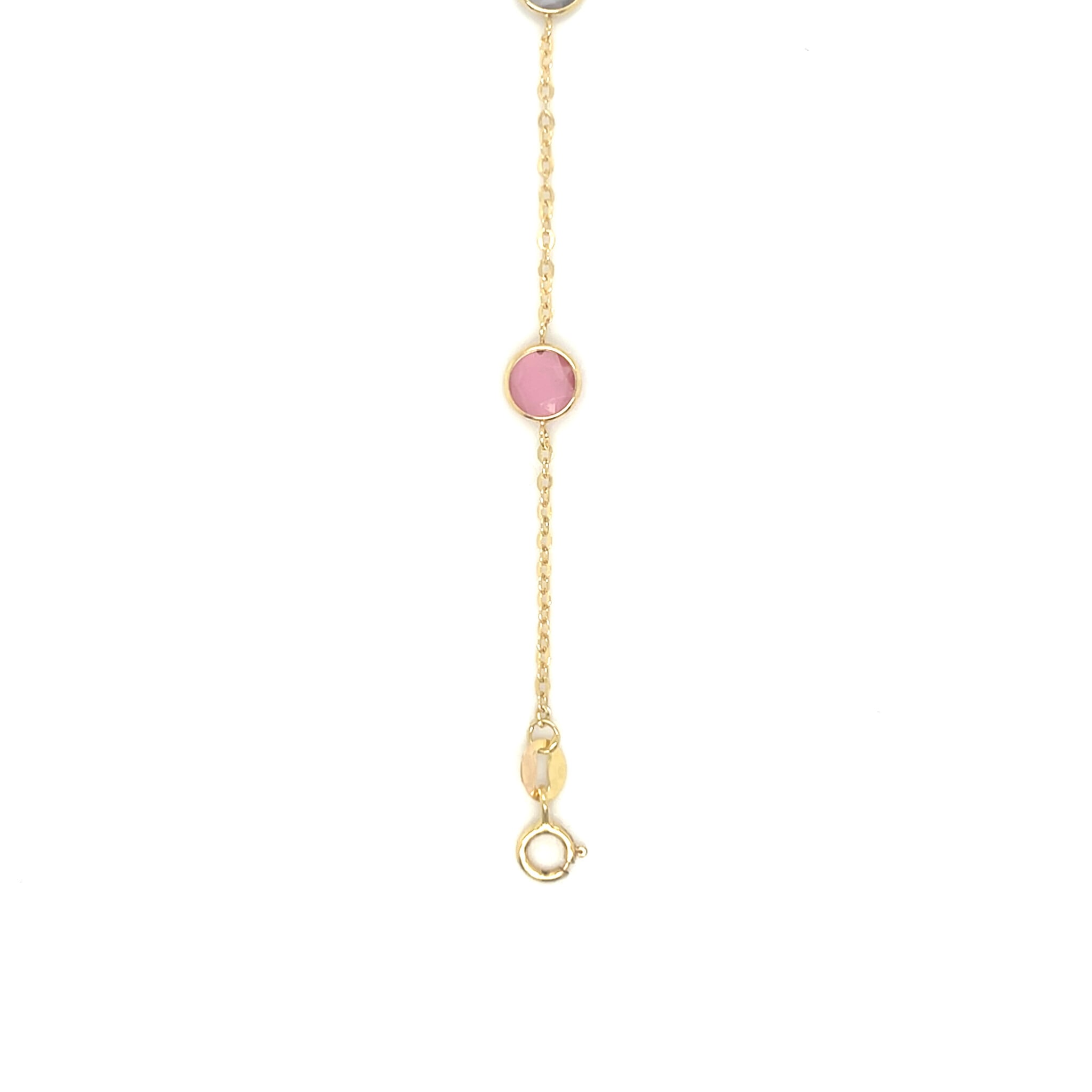 Armband ankerschakel met grote roze zirkonia's en opengewerkte ringetjes-2