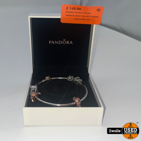 Pandora moment bangle armband zilver rose met 5 bedels