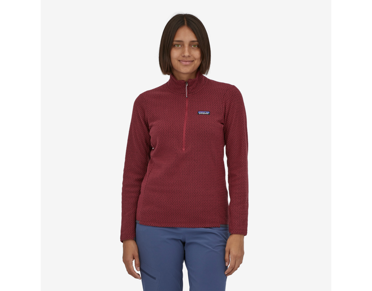 Patagonia W's R1 Air Zip Neck Sequoia Red Behind the Pines