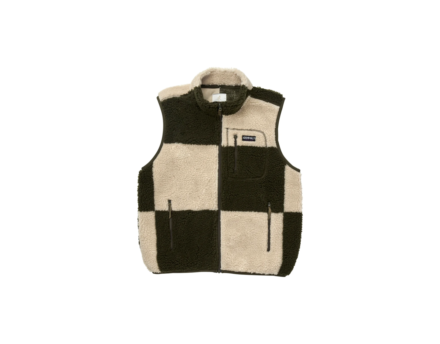 Gramicci Checkered Sherpa Vest Natural / Olive Check - Behind the 